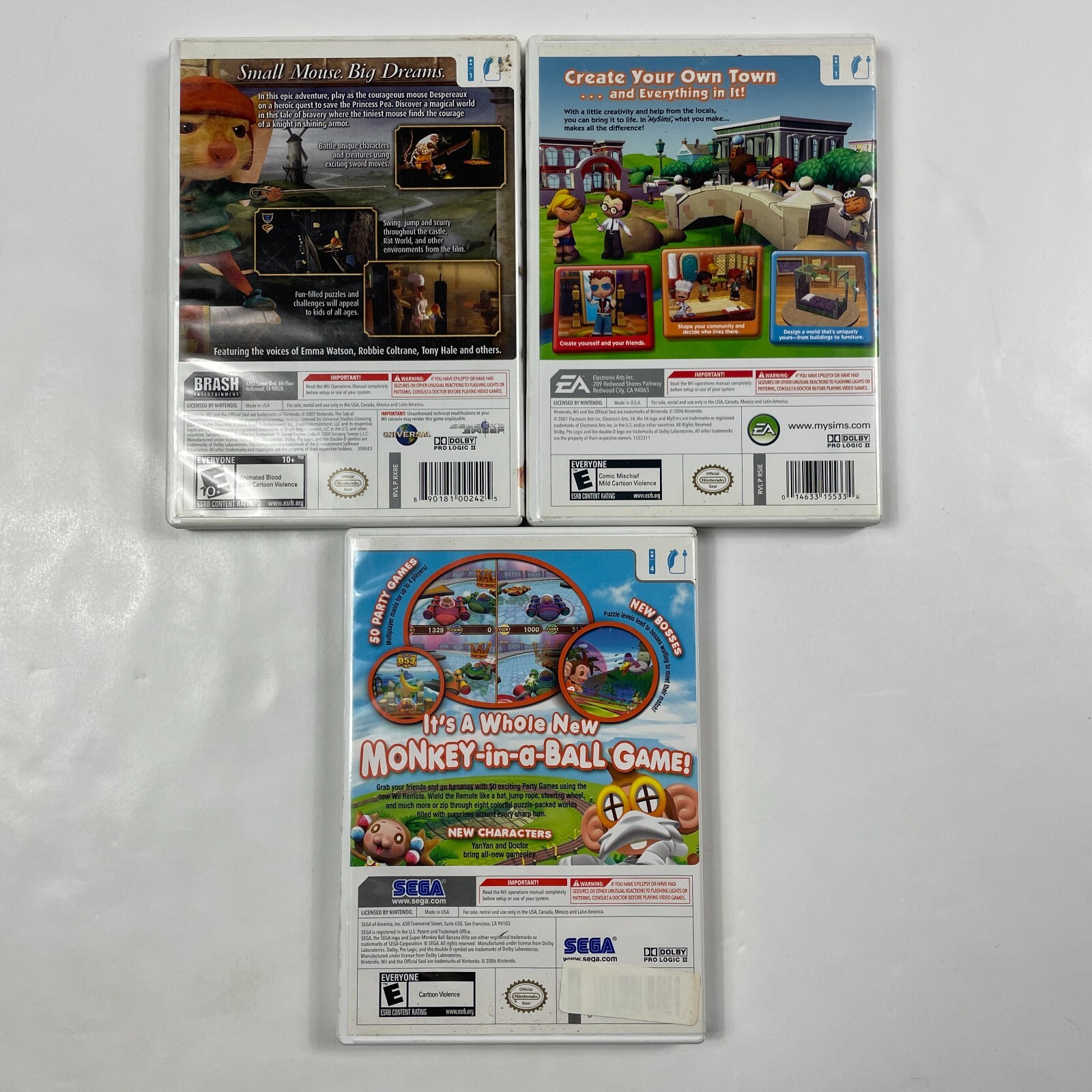 MySims, Super Monkey Ball Banana Blitz, The Tale of Despereaux Nintendo Wii Lot