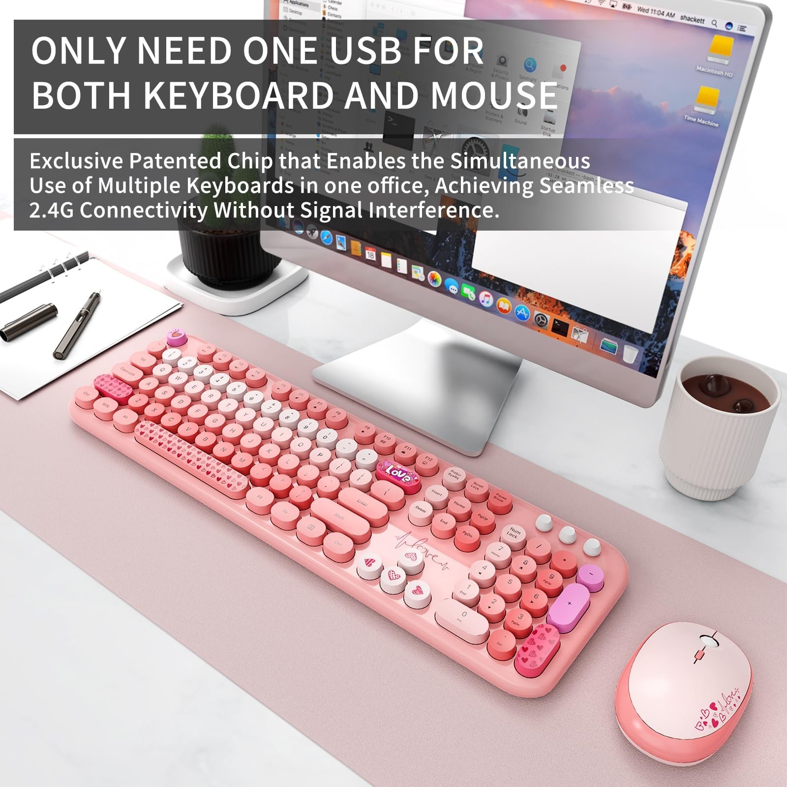 Wireless Keyboard and Mouse Combo, 104 Round Keys Full-Size Cute Colorful Pin…