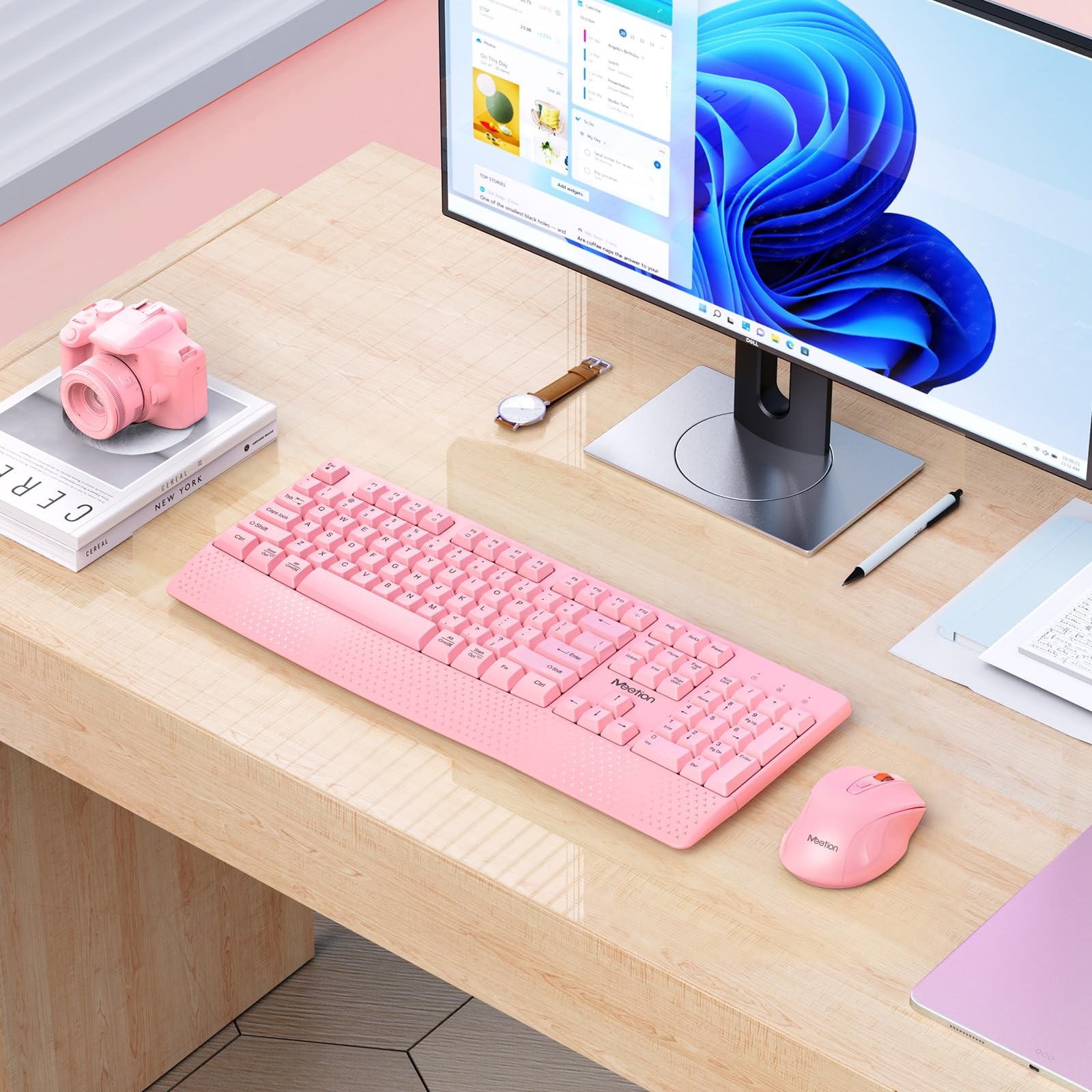 MEETION Wireless Keyboard and Mouse, Full-Sized Cordless with Pink