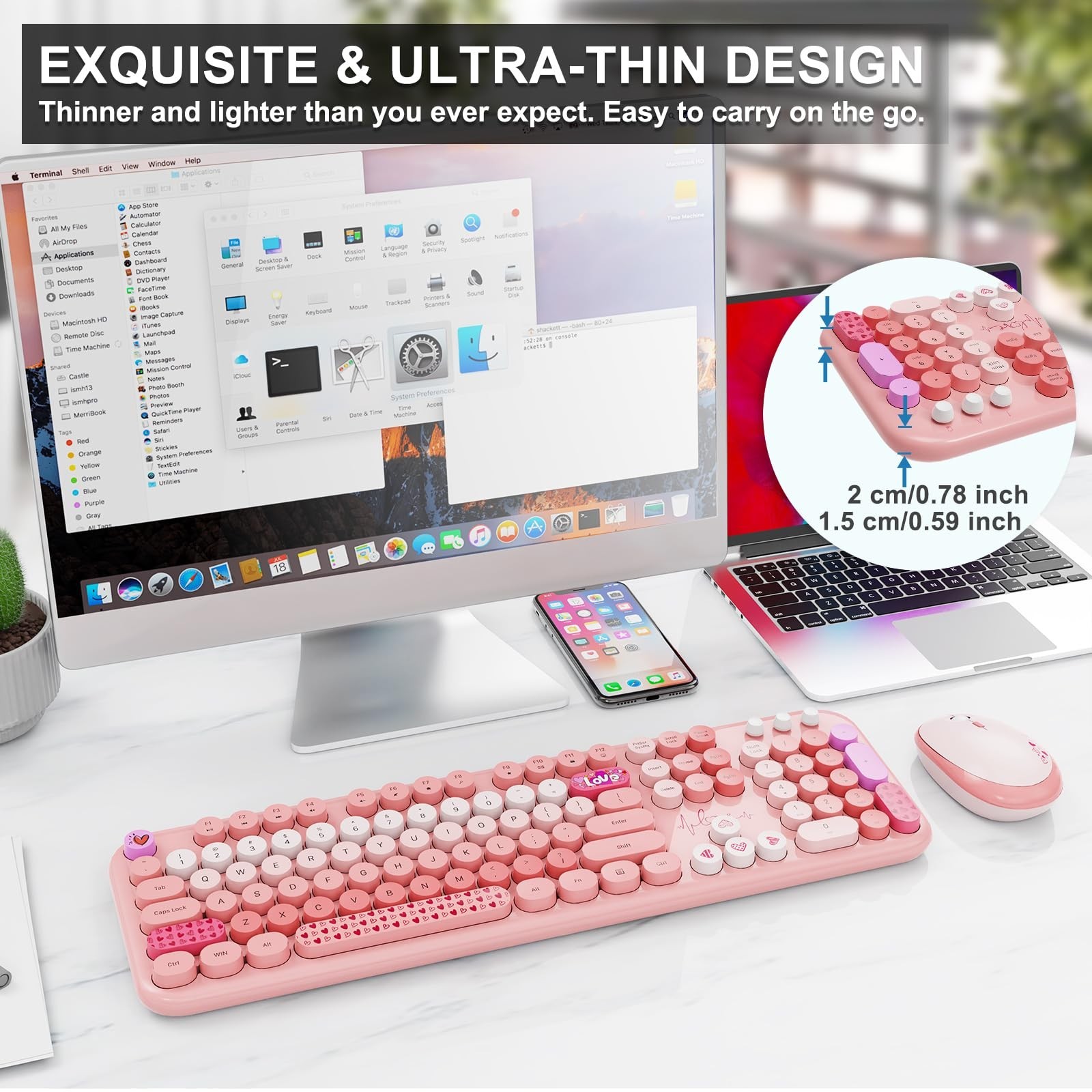 Wireless Keyboard and Mouse Combo, 104 Round Keys Full-Size Cute Colorful Pin…