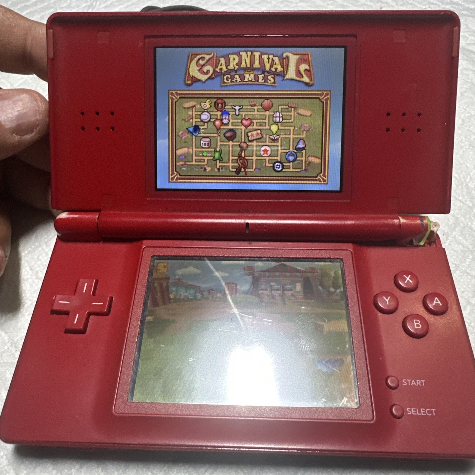 Nintendo DS Lite Mario Edition Console w/ Charger & GBA WORKS! BAD HINGE!