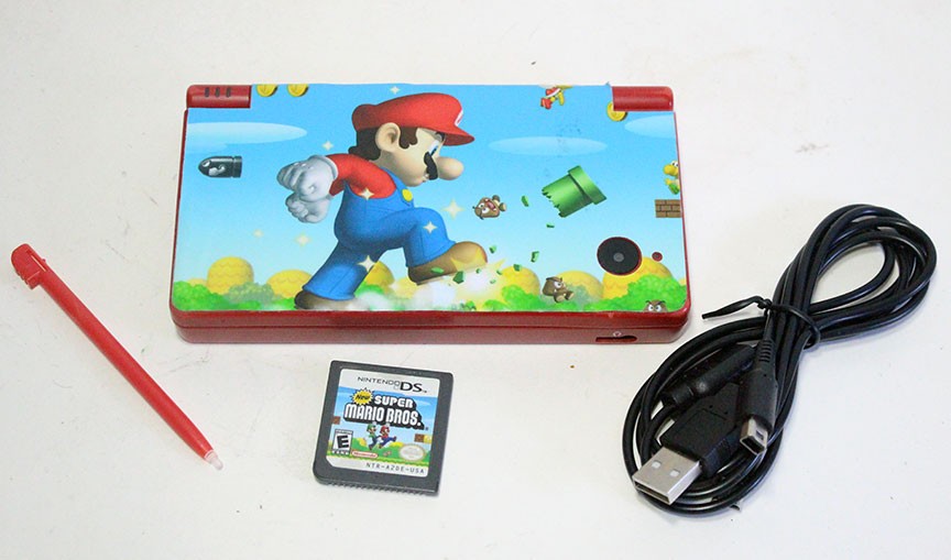 Nintendo DSi Red Handheld Game Console w/ Mario Skin Cover + Super Mario DS Game