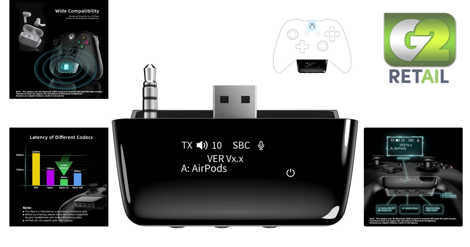 Bluetooth 5.2 Wireless Audio Adapter for Xbox One, Xbox Series XS and Elite 2 Co