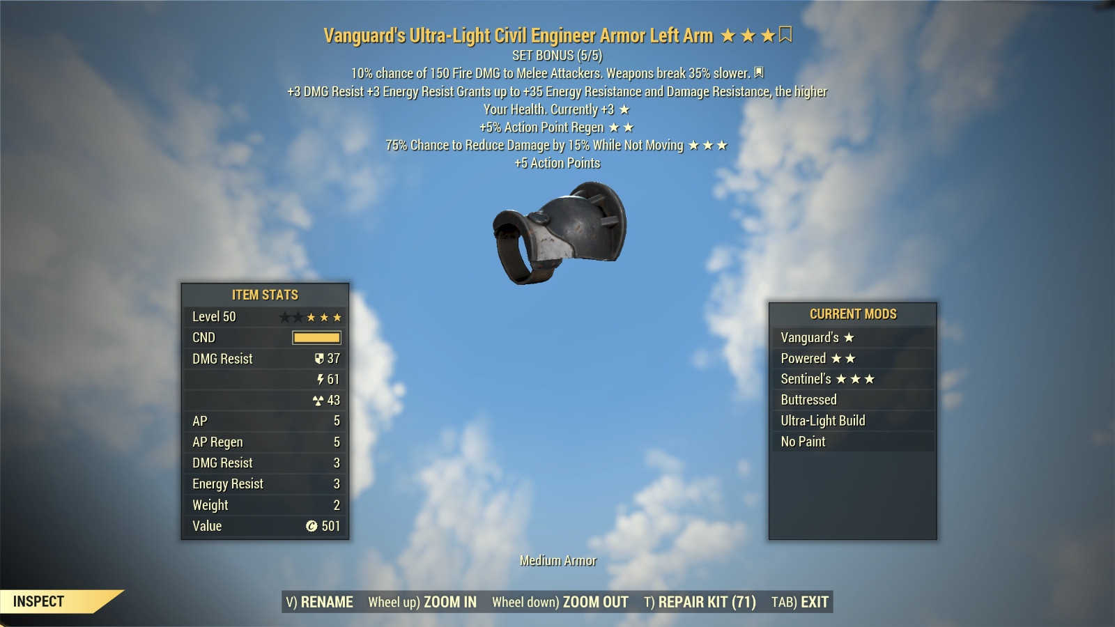 FALLOUT 76 PC CIVIL ENGINEER ARMOR SET VANGUARD’S POWERED SENTINEL’S +HELMET