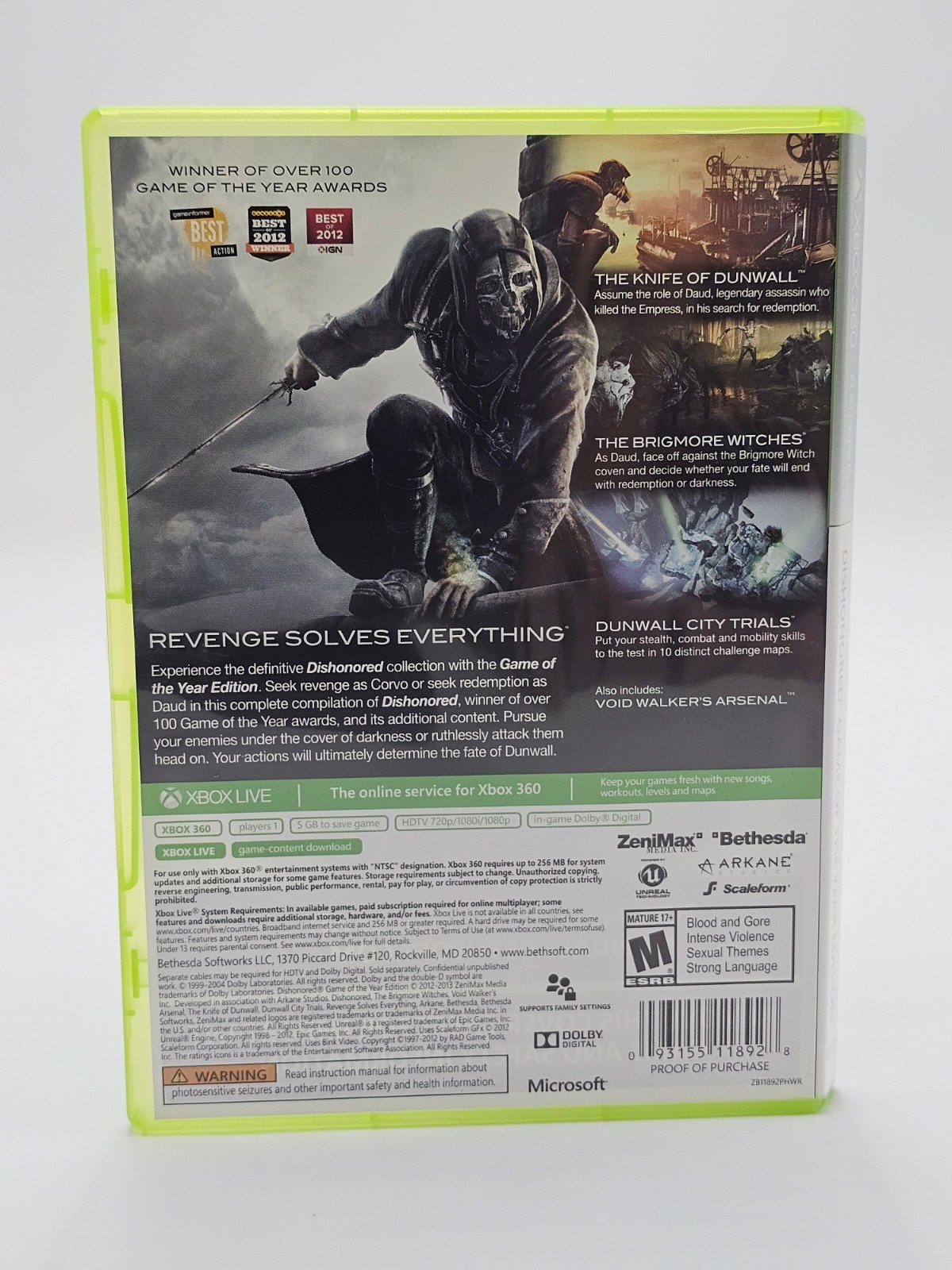 Microsoft Xbox 360 Dishonored Disc + Case Cleaned & Tested