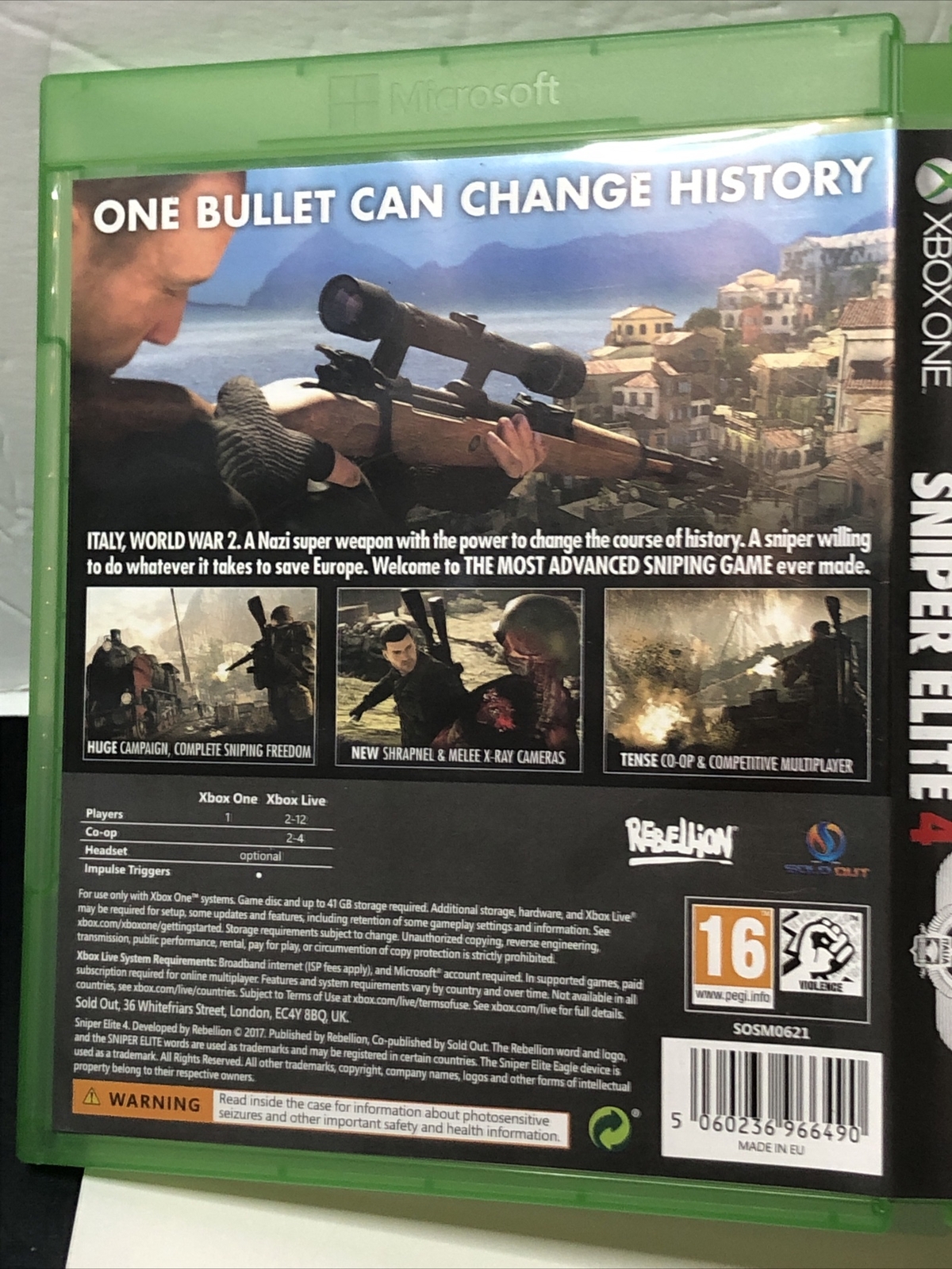 Sniper Elite 4 Italia Microsoft Xbox One 2017 Xbox 1 Authentic tested Working
