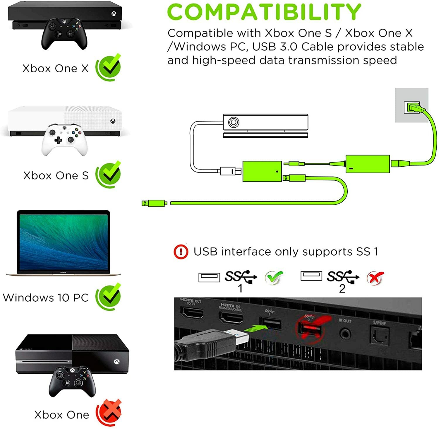 New Kinect Adapter Motion Camera For Xbox One S / Xbox One X Windows 8 8.1 10 PC