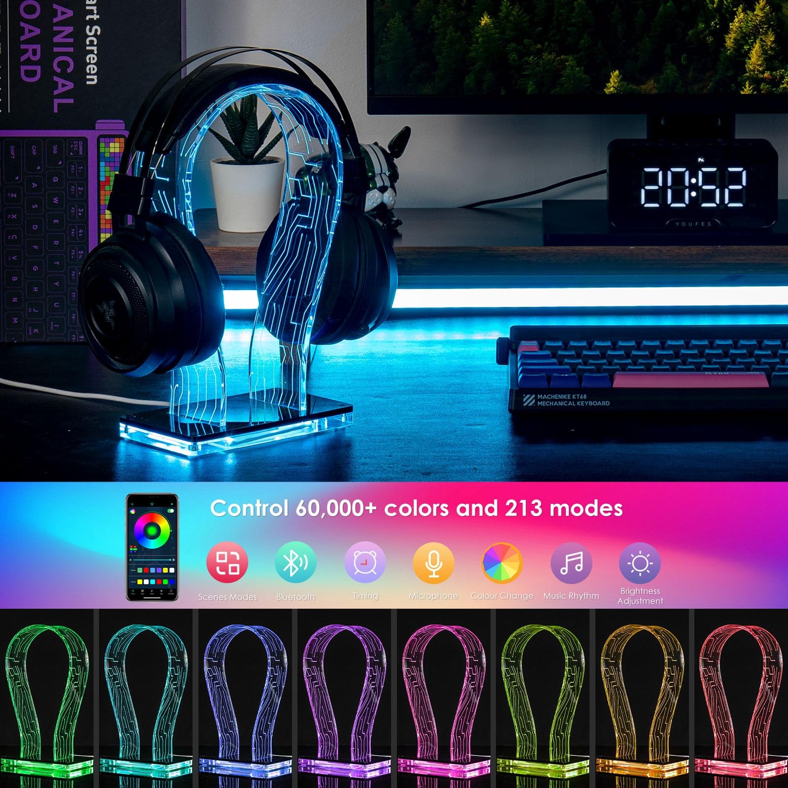 RGB Headphone Stand 213 Modes 60000 Colors Remote and App Controls Acrylic