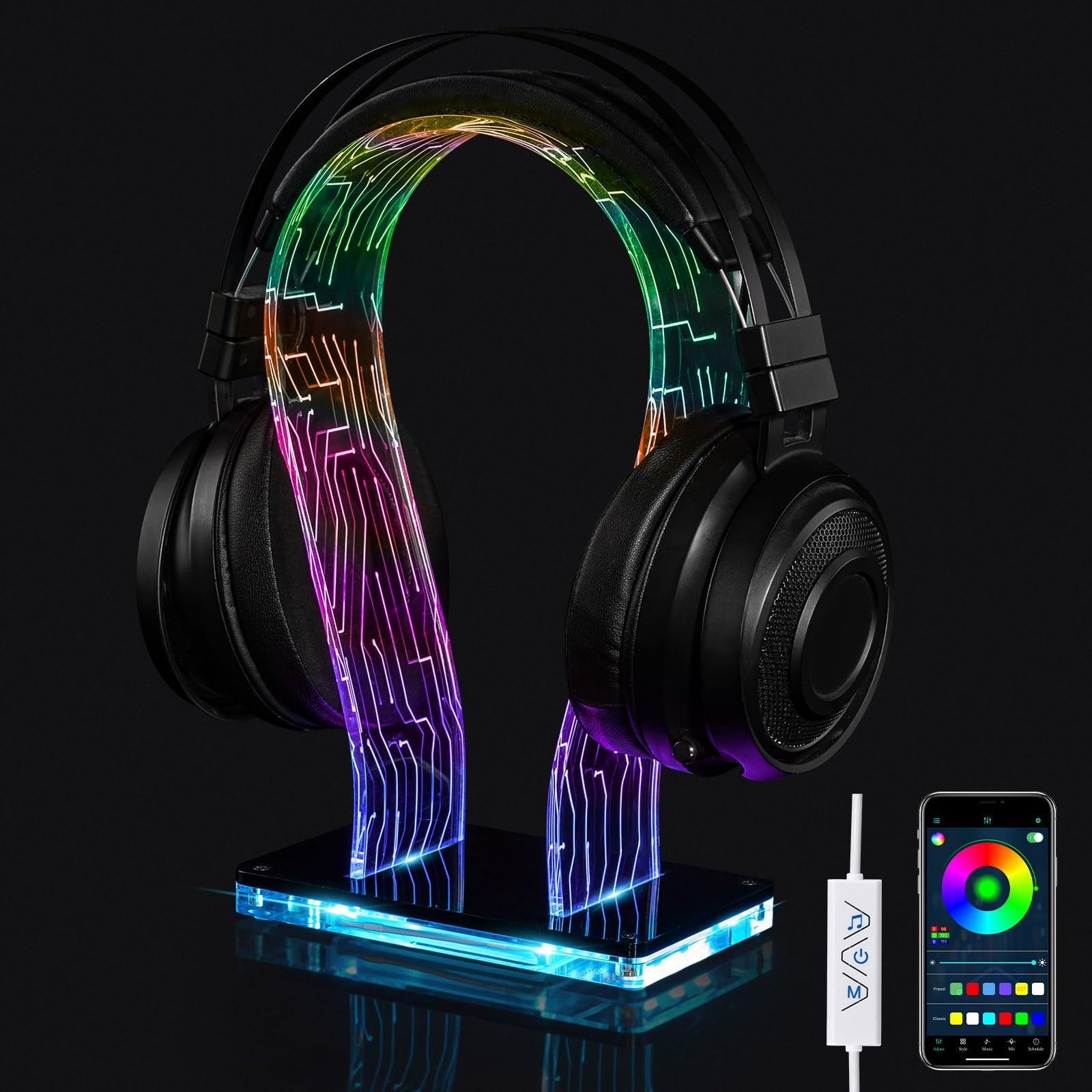 RGB Headphone Stand 213 Modes 60000 Colors Remote and App Controls Acrylic