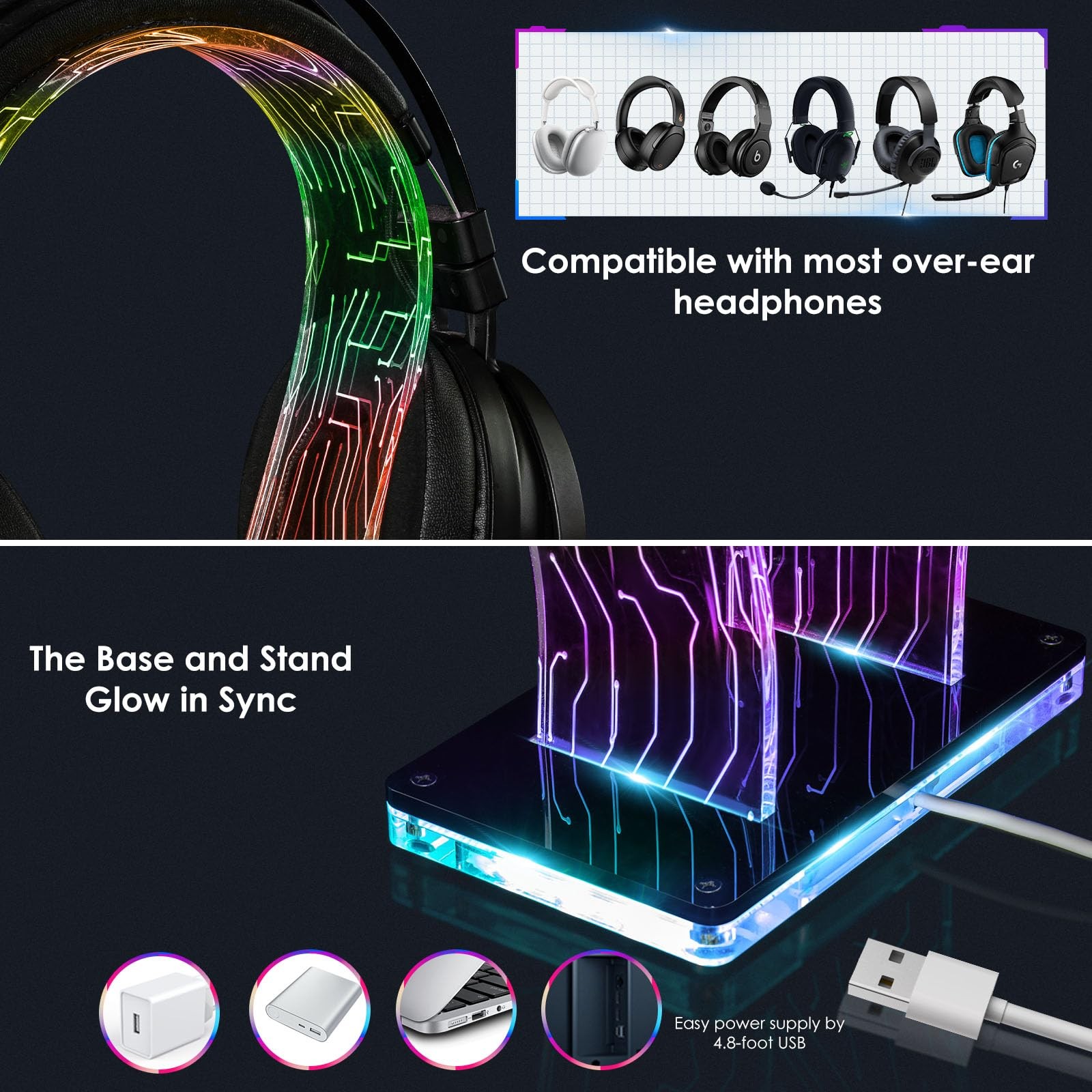 RGB Headphone Stand 213 Modes 60000 Colors Remote and App Controls Acrylic