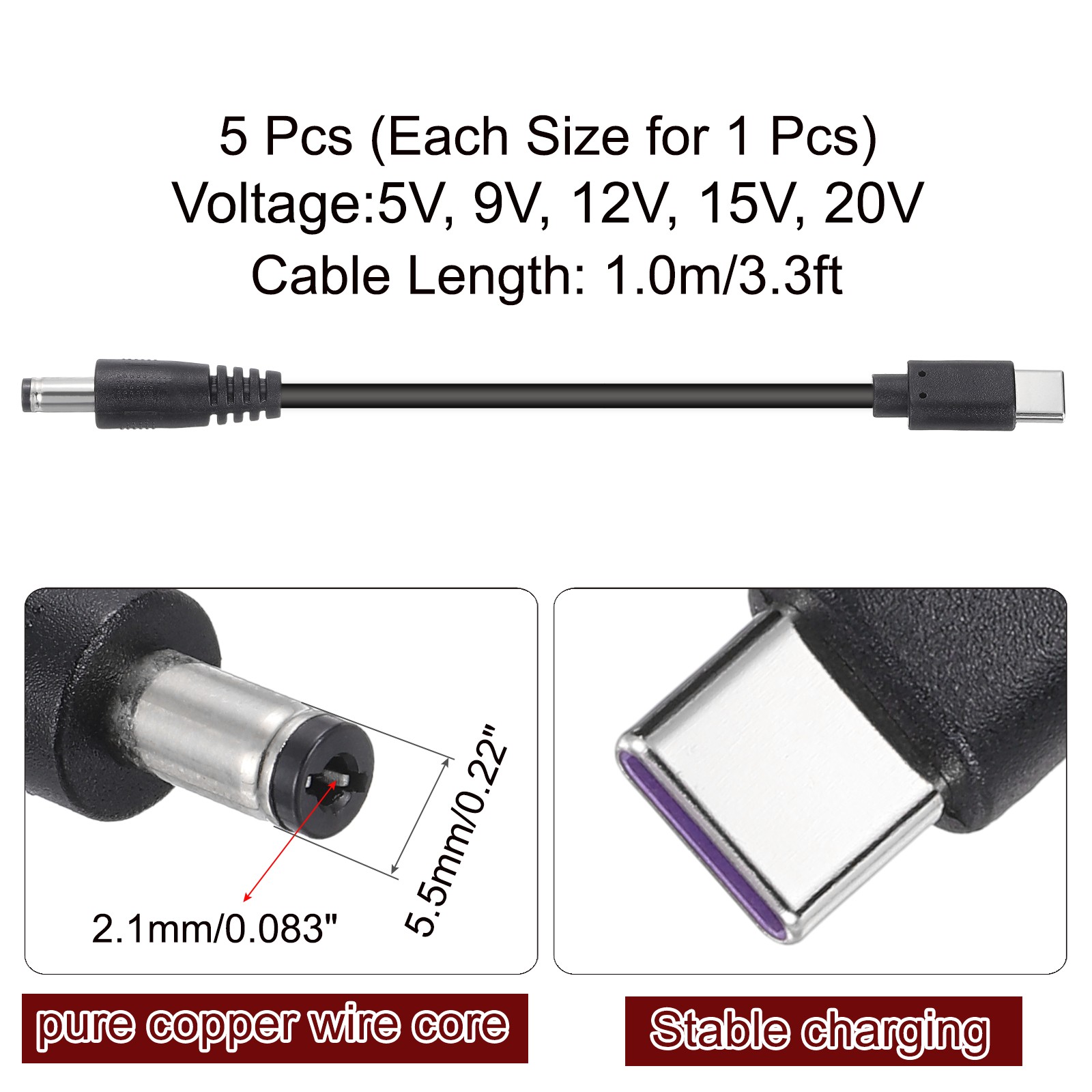 3.3FT USB C to DC PD Power Fast Charging Cable, 5.5×2.1mm (Black)