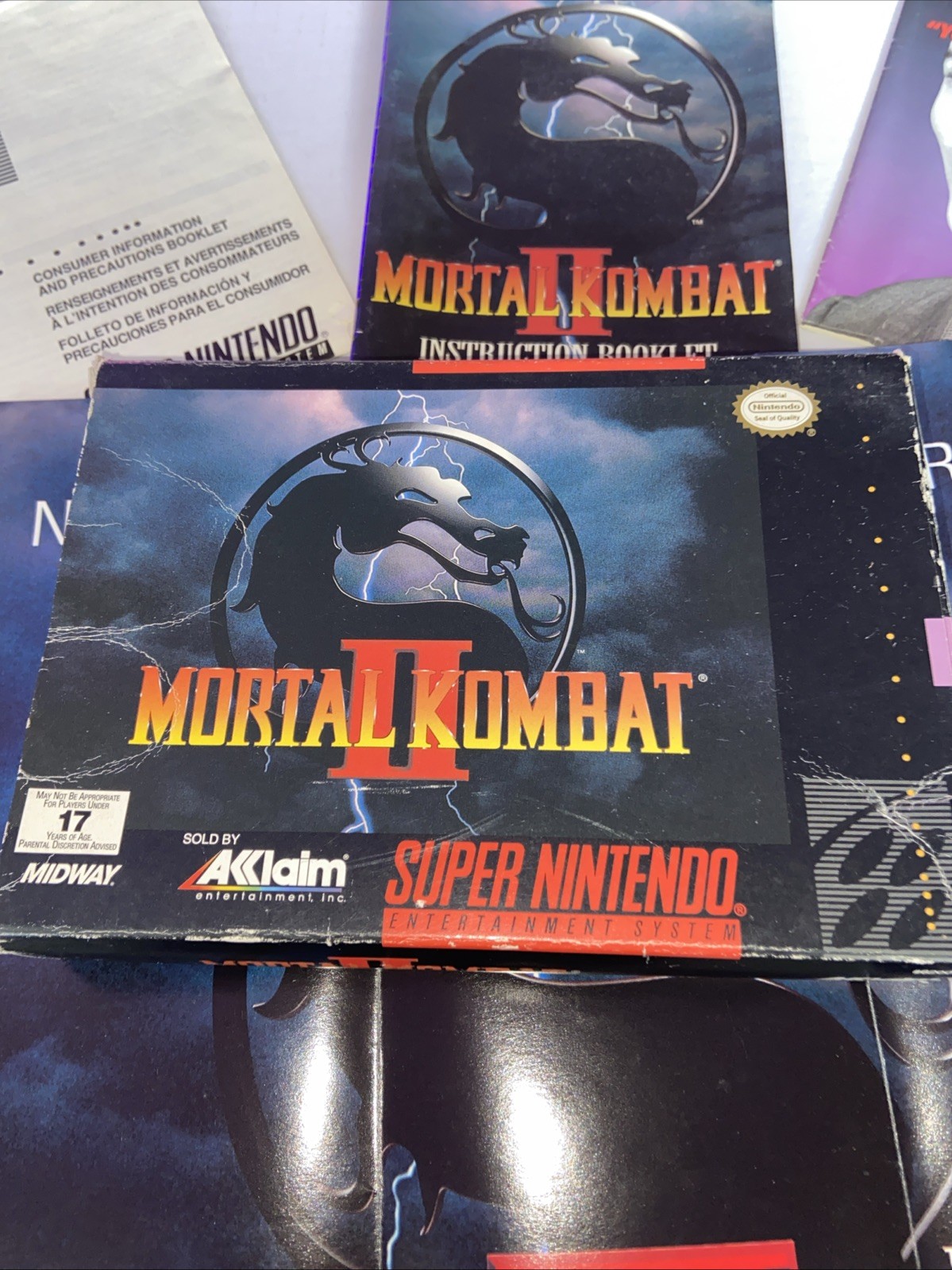 Vintage 1994 Mortal Kombat 2 Super Nintendo Snes W/ Box, Manual, & Poster