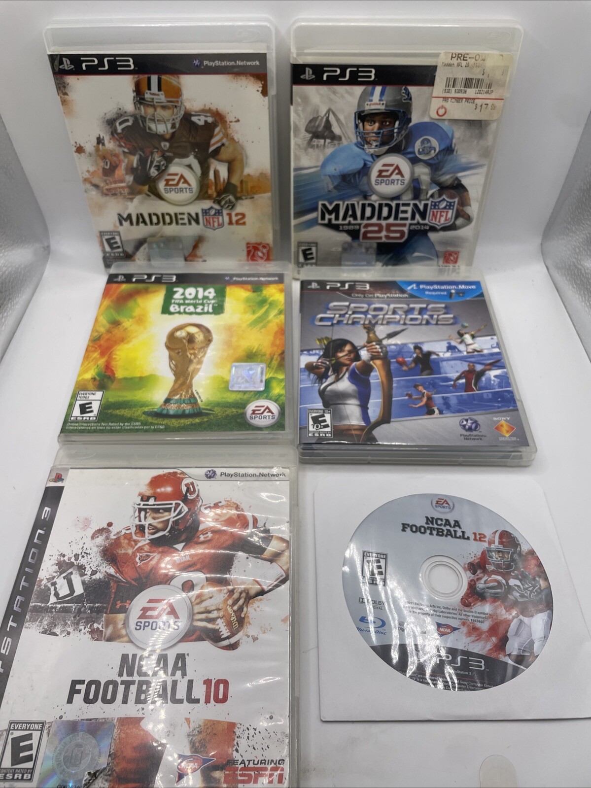 PS3 Lot Of 6- Madden 12,25/NCAA Football 10,12/Brazil Soccer 2014 & Sports Champ
