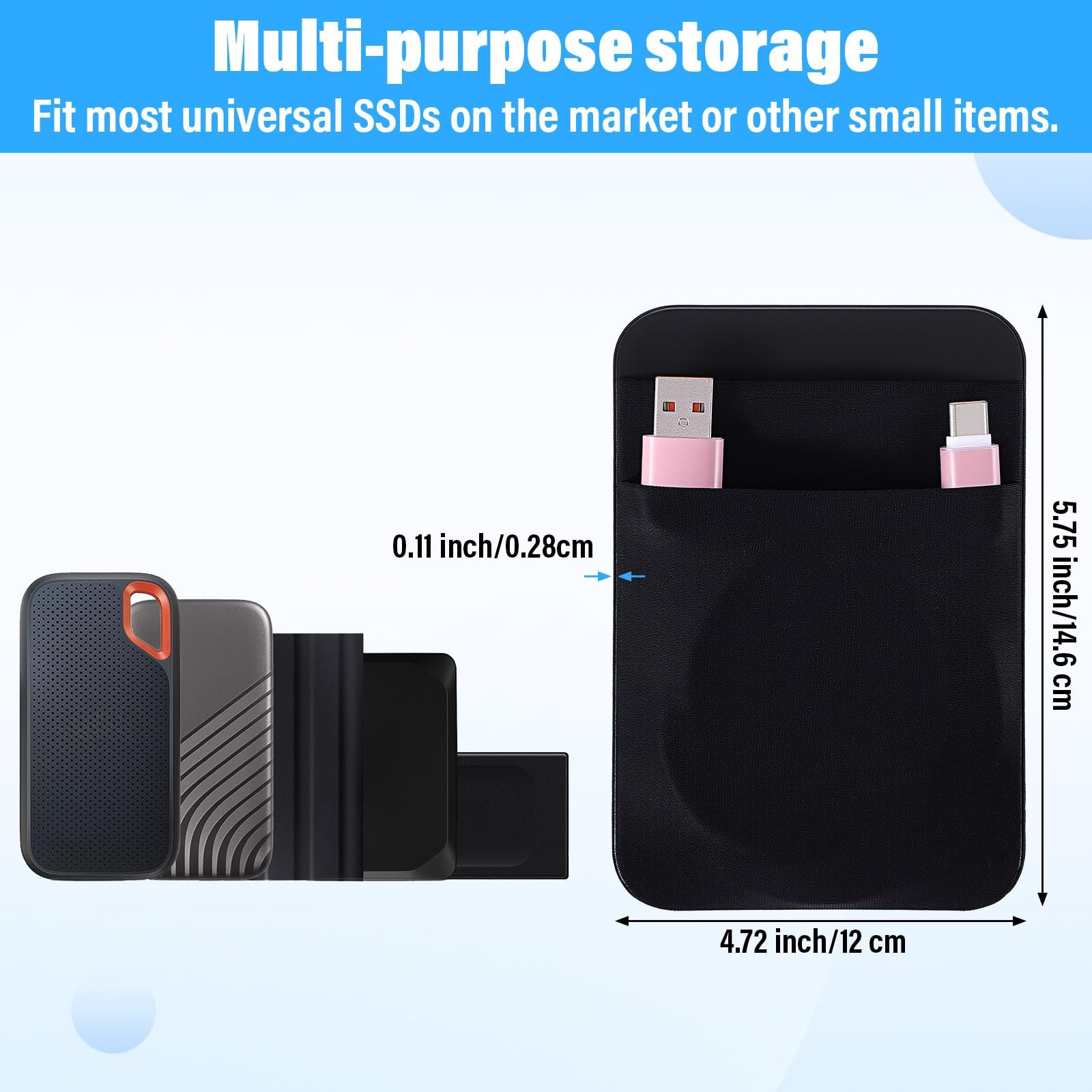 Gsbnjuy Portable Hard Drive Sleeve 2-Pocket Stick On Pouch Reusable Adhesive
