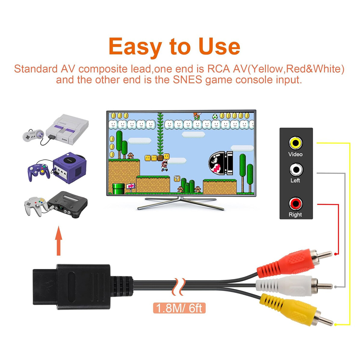 6 FT RCA AV TV Audio Video Stereo Cable Cord for Nintendo N64 SNES Gamecube Lot