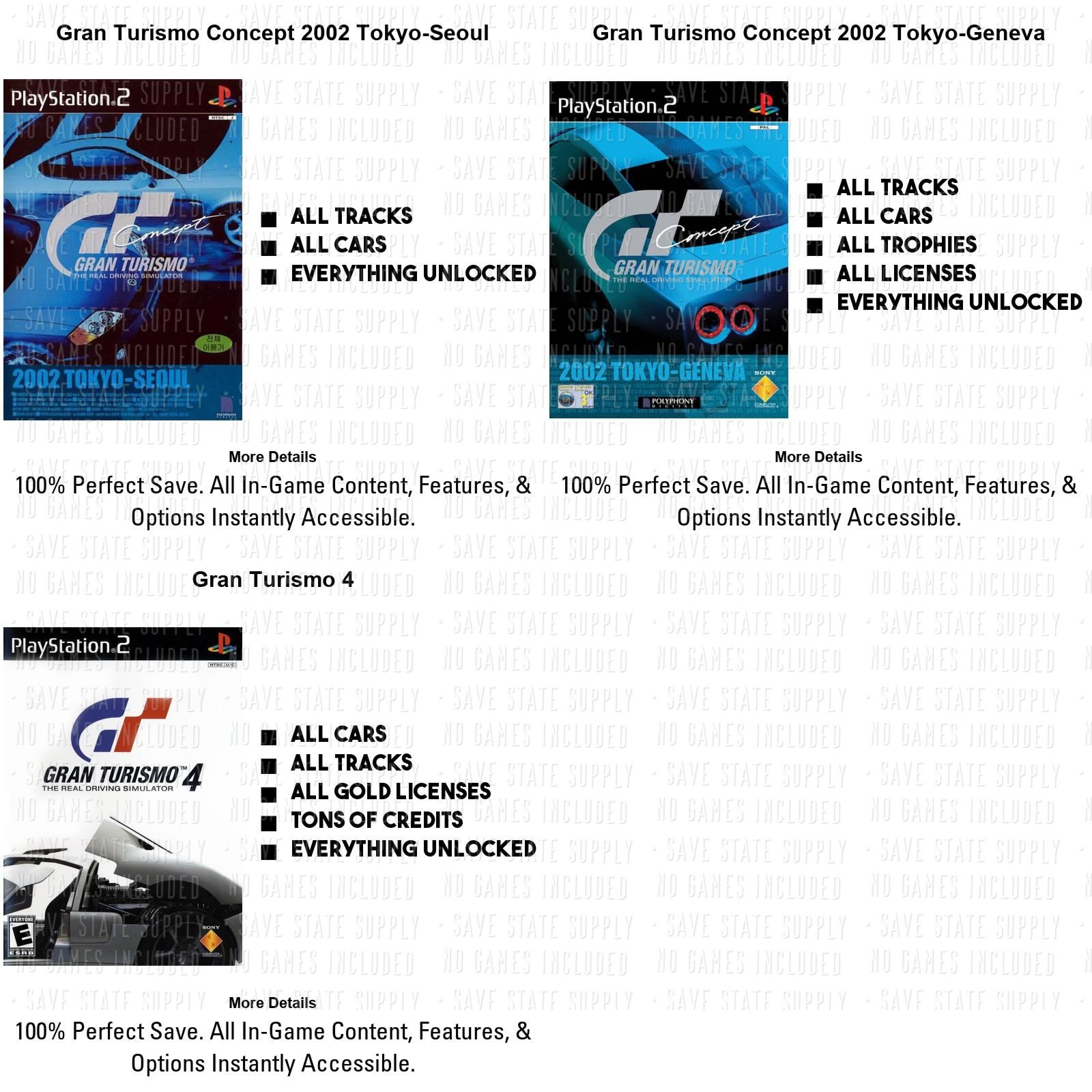 GRAN TURISMO 1 2 3 4 | MEMORY CARD SAVES | 100% Unlock! All Cars! Tracks PS1 PS2