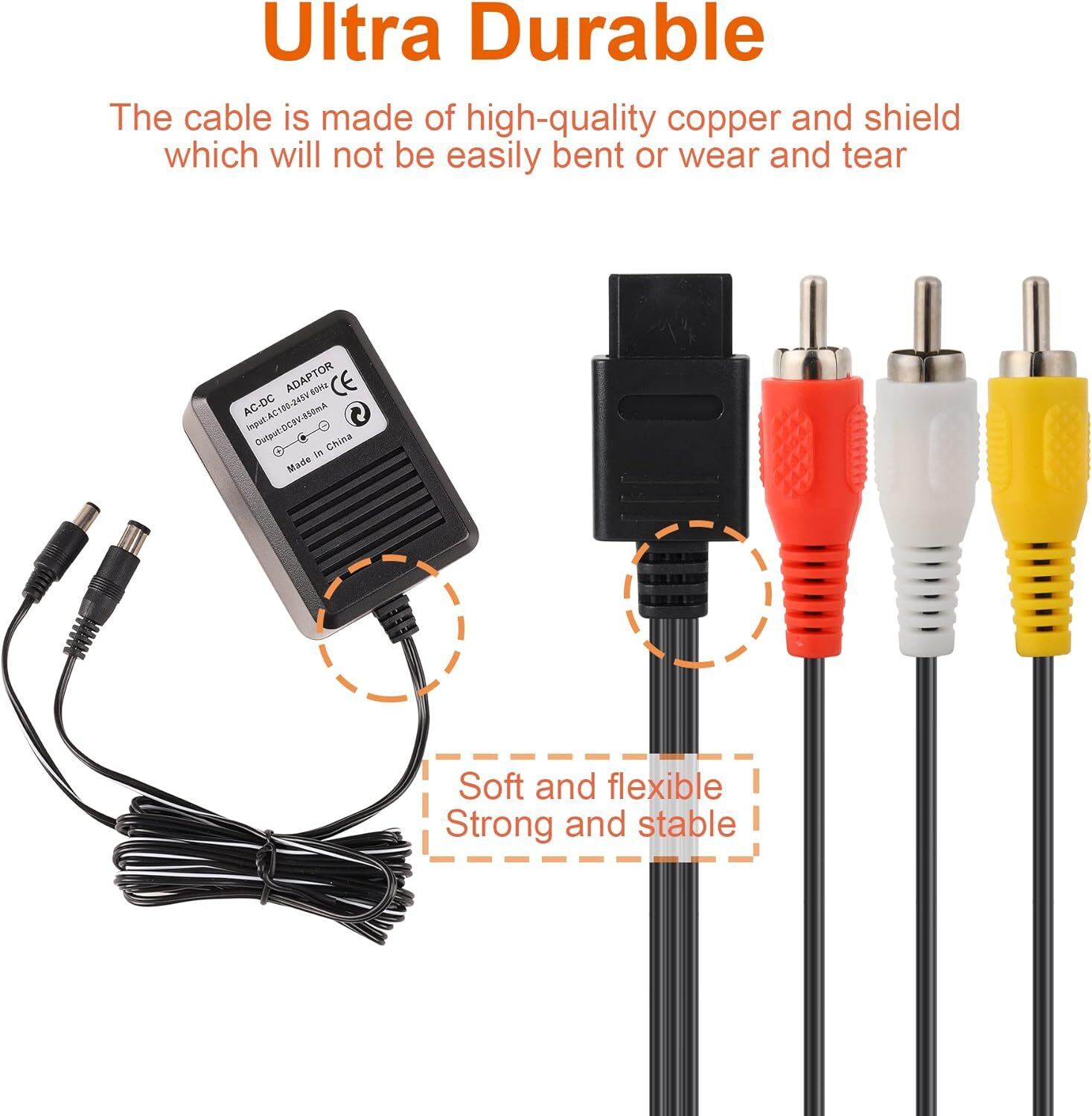 Audio AV RCA+AC Cable Power Supply Adapter Cord For Super Nintendo SNES Game Set