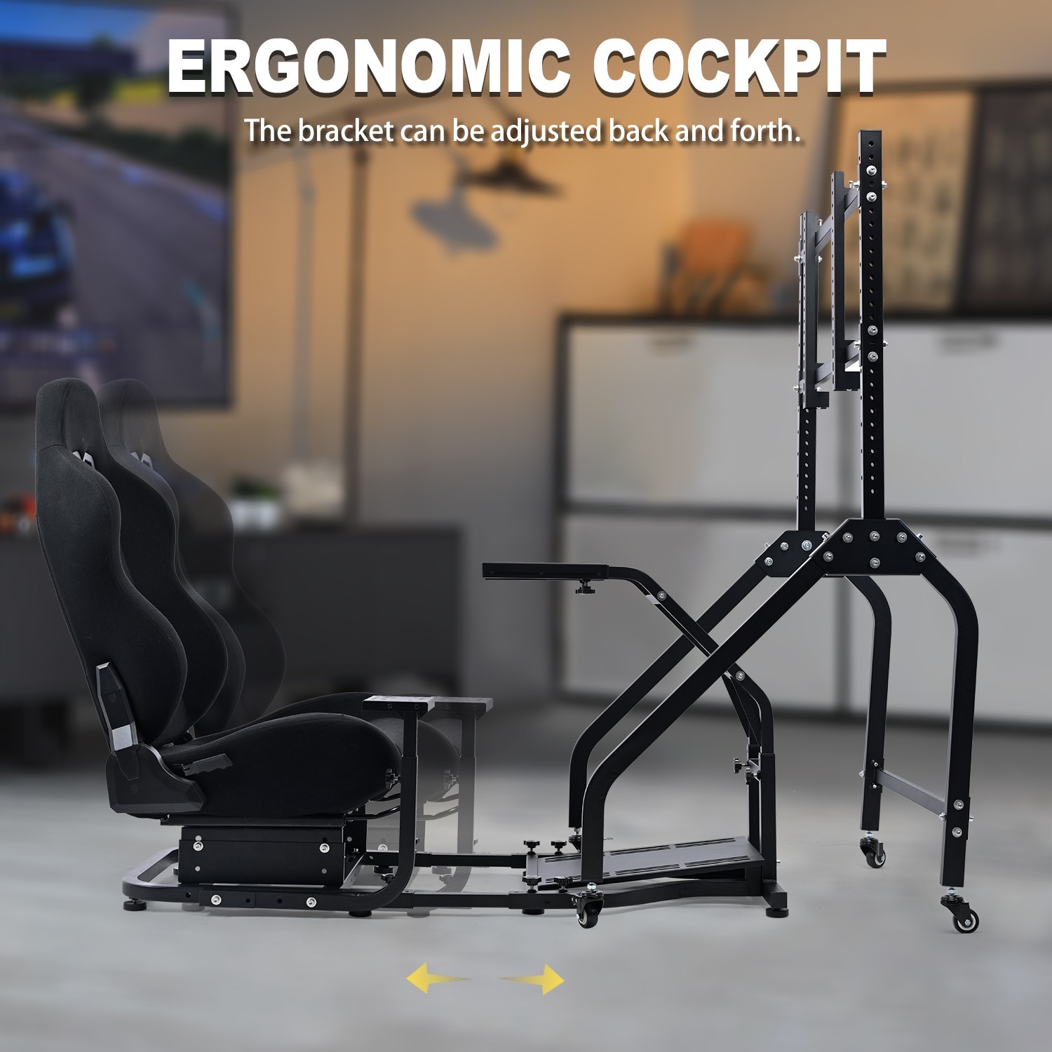 Marada Racing Simulator Cockpit With Black Seat And Monitor Stand For Logitech