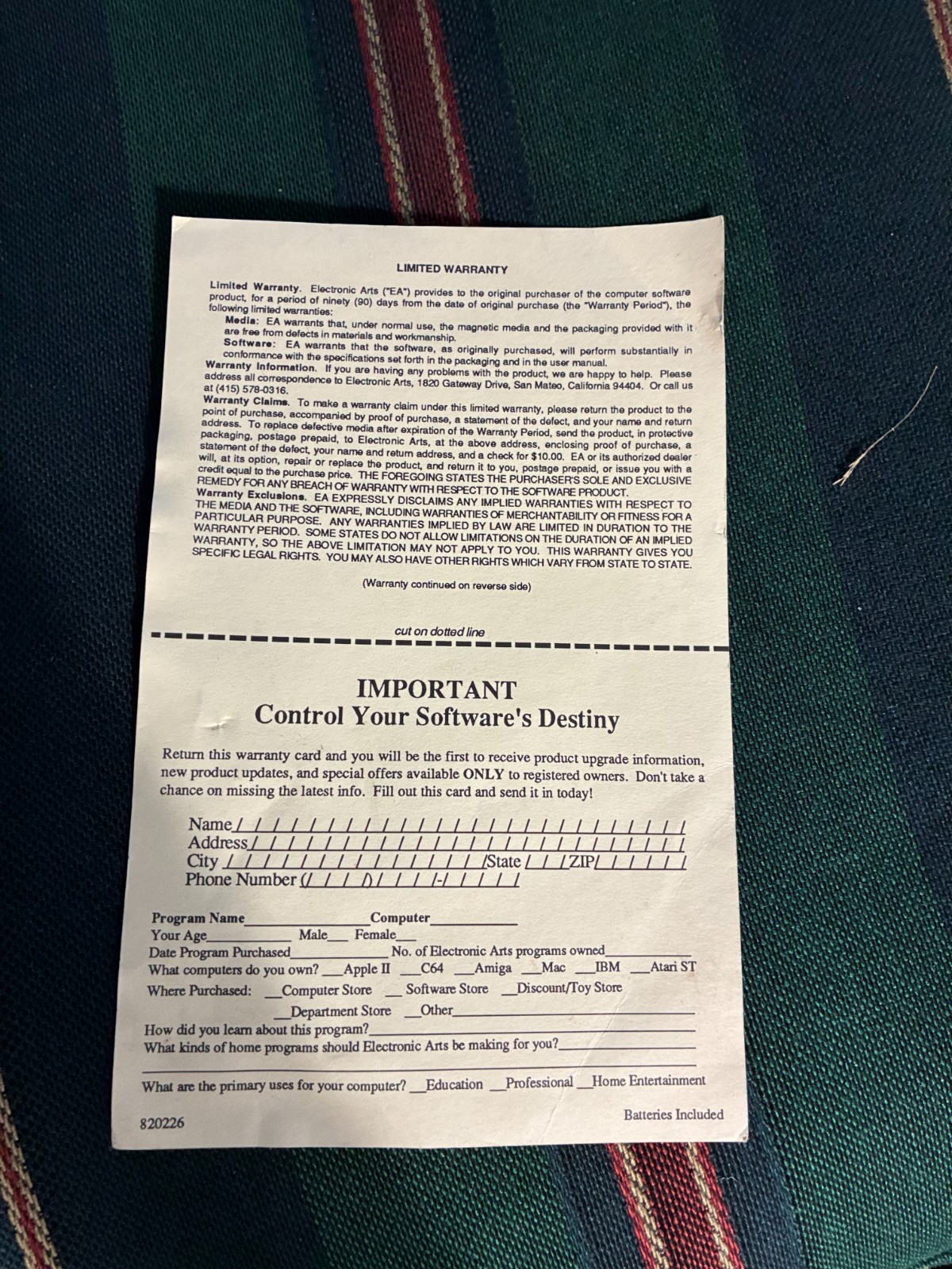 Apple computers, Macintosh warranty card EA Batteries Included