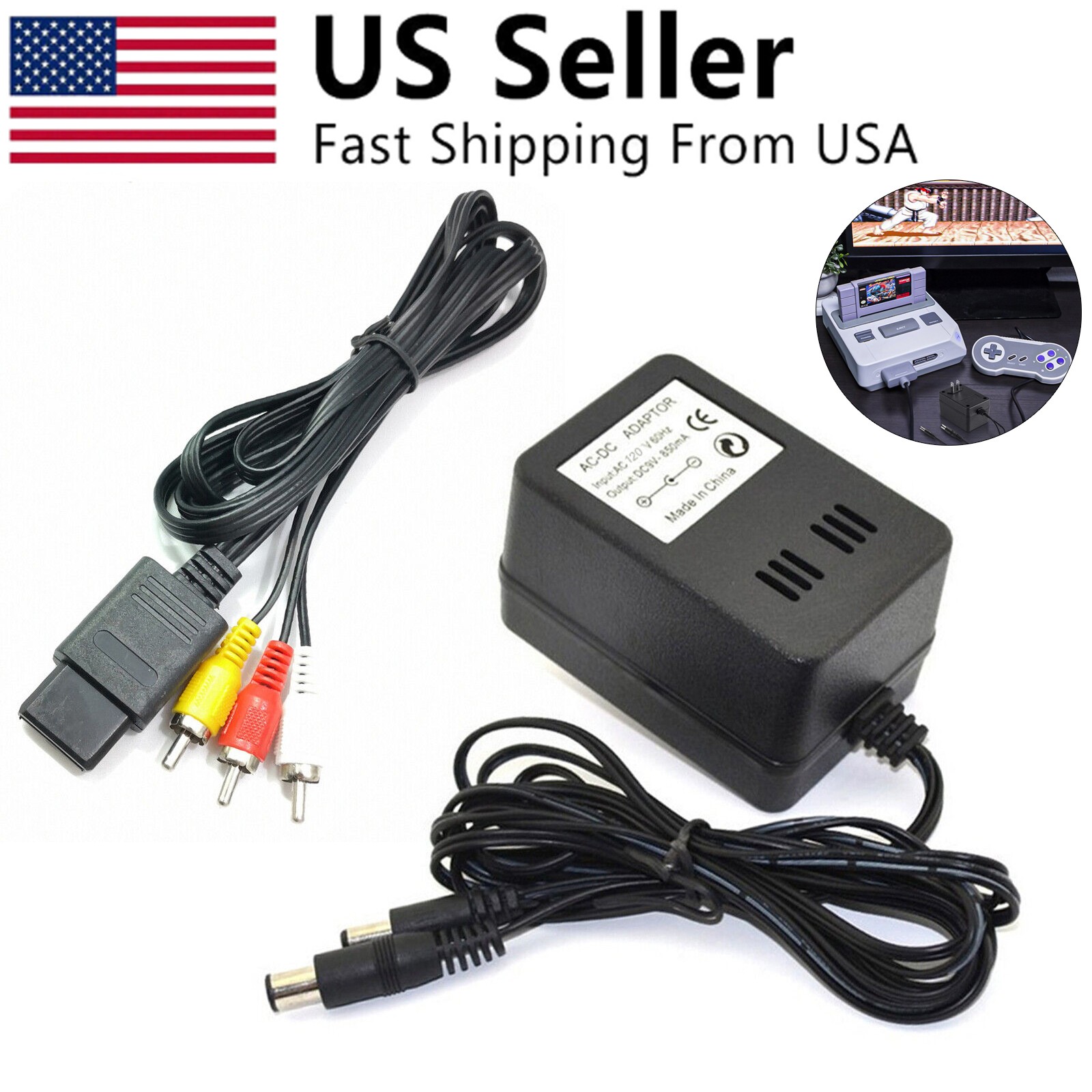 AV RCA Audio+AC Cable Power Supply Adapter Cord Set For Super Nintendo SNES Game