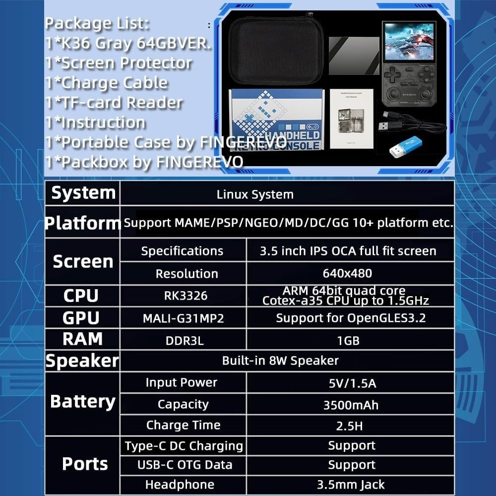 K36 Retro Handheld Console 3.5 Inch IPS 64GB 16000+ Built-in Games