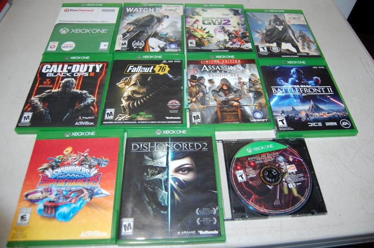 Microsoft XBOX ONE (11) Game Lot: Creed Syndicate, Dishonored 1&2, Fallout 76++