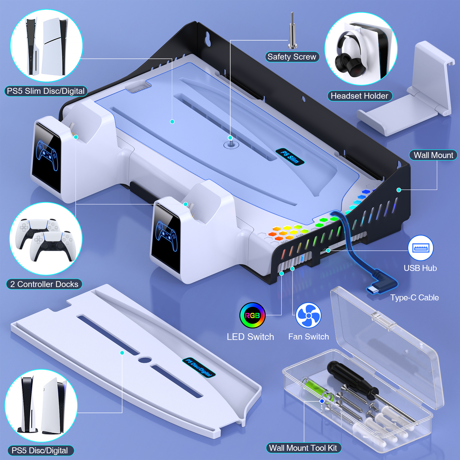 Hanging Wall Mount Shelf Holder for Playstation 5 Slim Console Charging Station