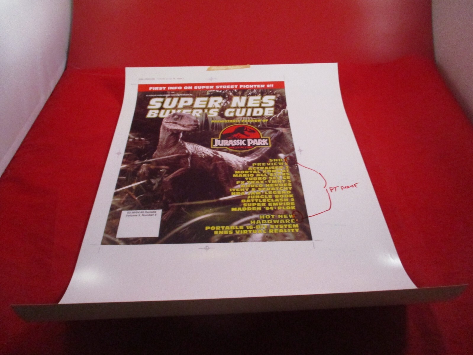 Super NES Buyer’s Guide Magazine Prototype Sheet Jurassic Park Nintendo SNES