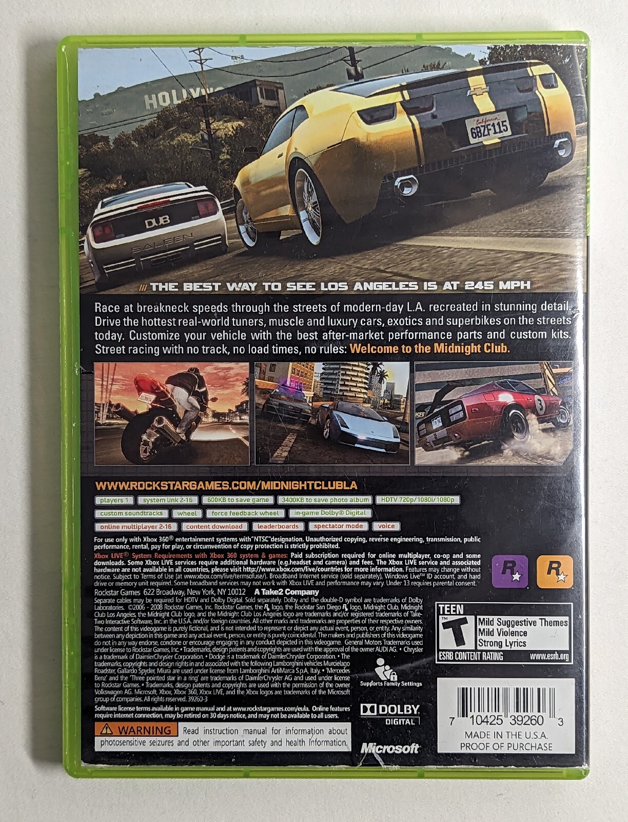 Midnight Club: Los Angeles (Microsoft Xbox 360) Manual Included, No Map *Read*