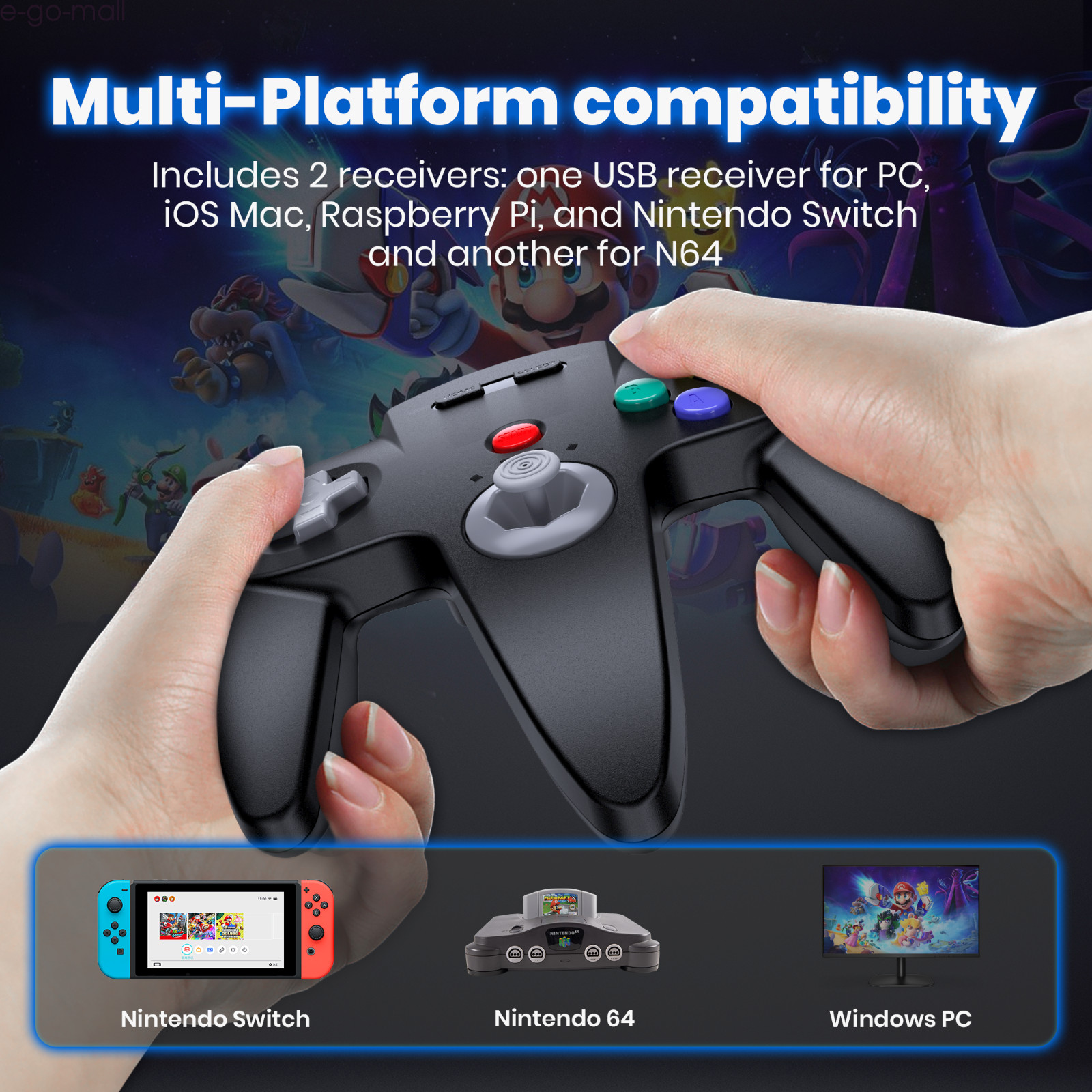 Black + Grey Wireless Switch N64 Controller for Nintendo 64™Switch Online PC MAC