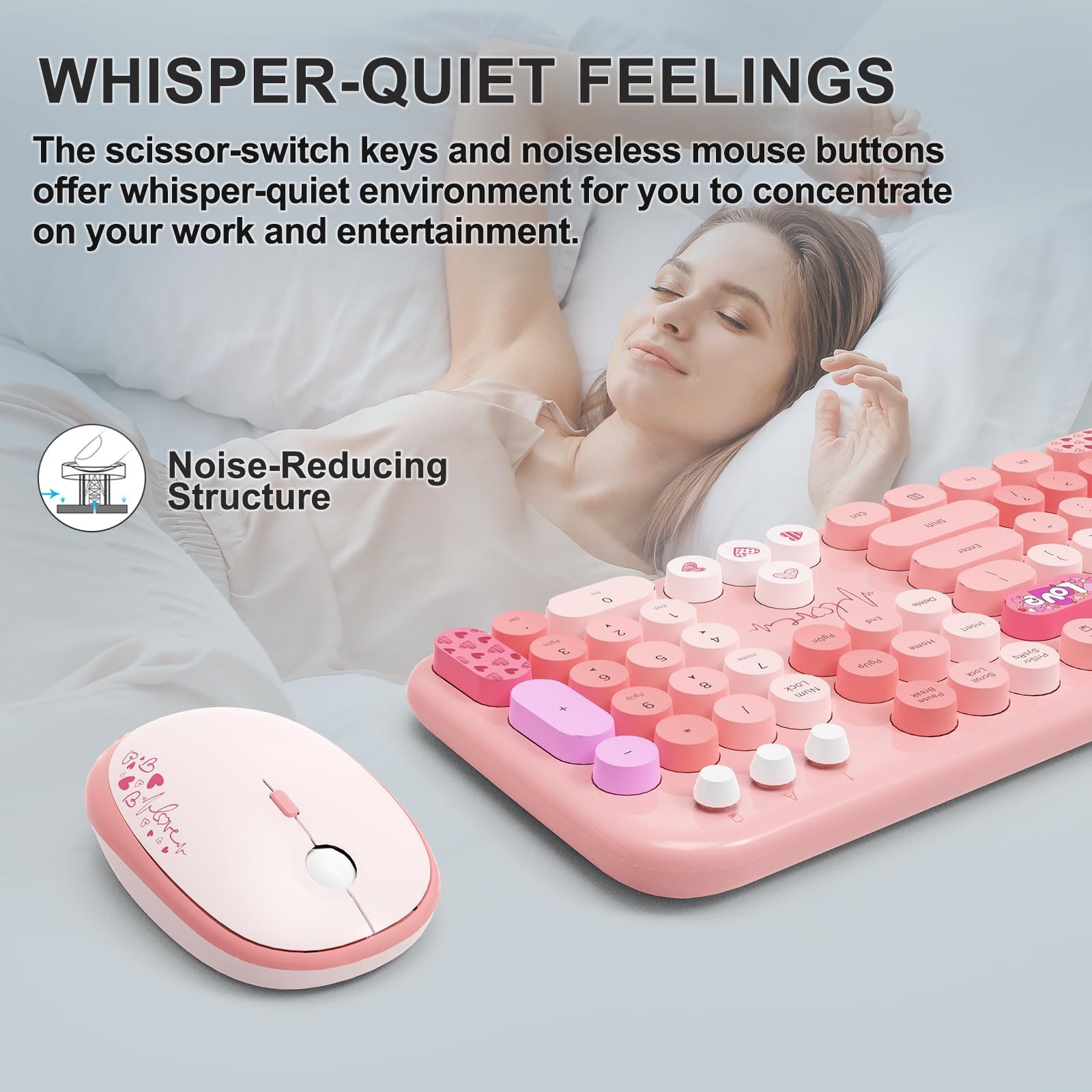 Wireless Keyboard and Mouse Combo, 104 Round Keys Full-Size Cute Colorful Pin…