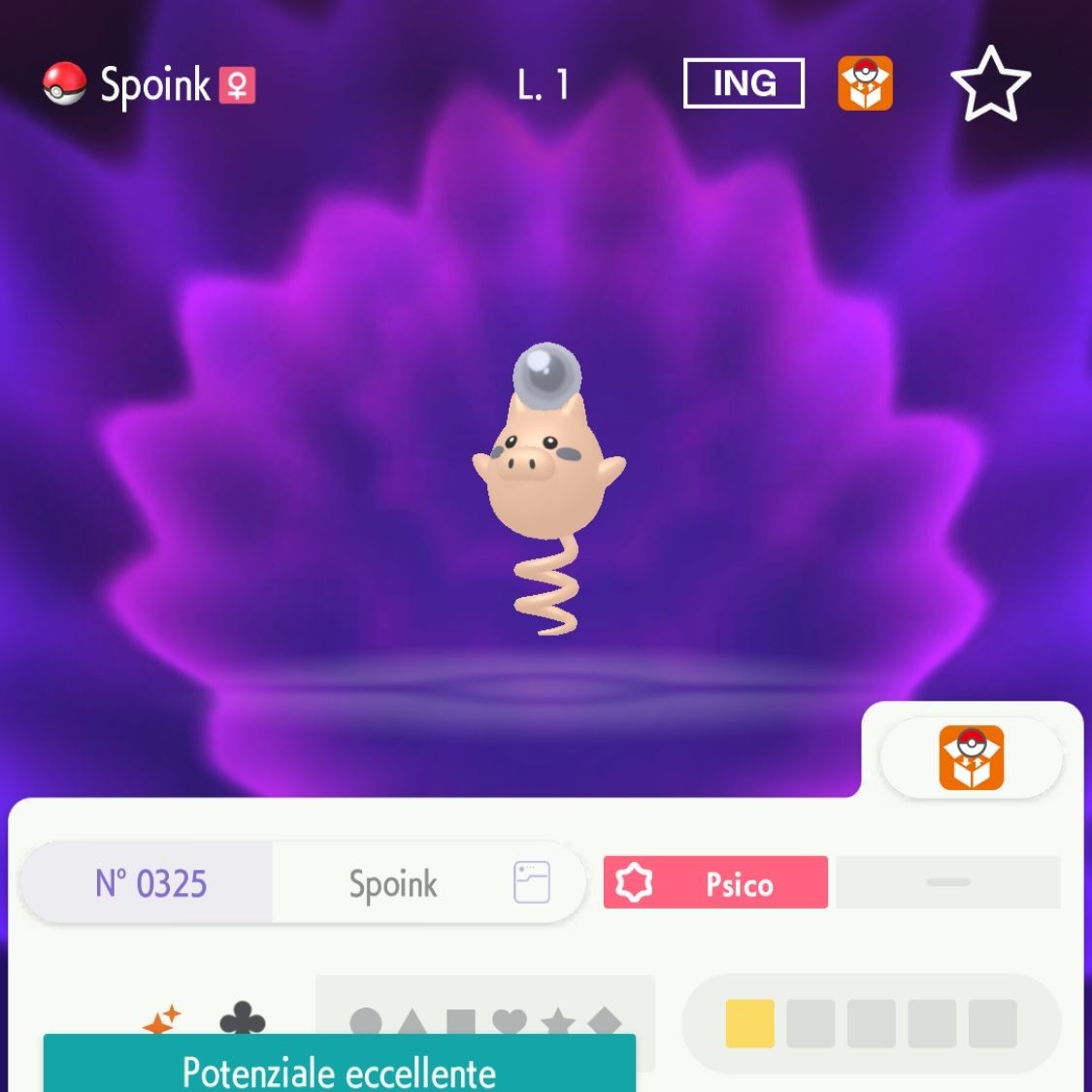 Spoink Shiny 6 IV 31 100% Legit Level 1 Competitive Pokemon Home All Gen