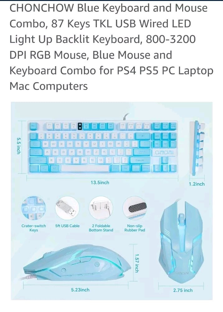 Blue Keyboard and Mouse Combo, 87 Keys TKL USB Wired LED Light Up Backlit Key…