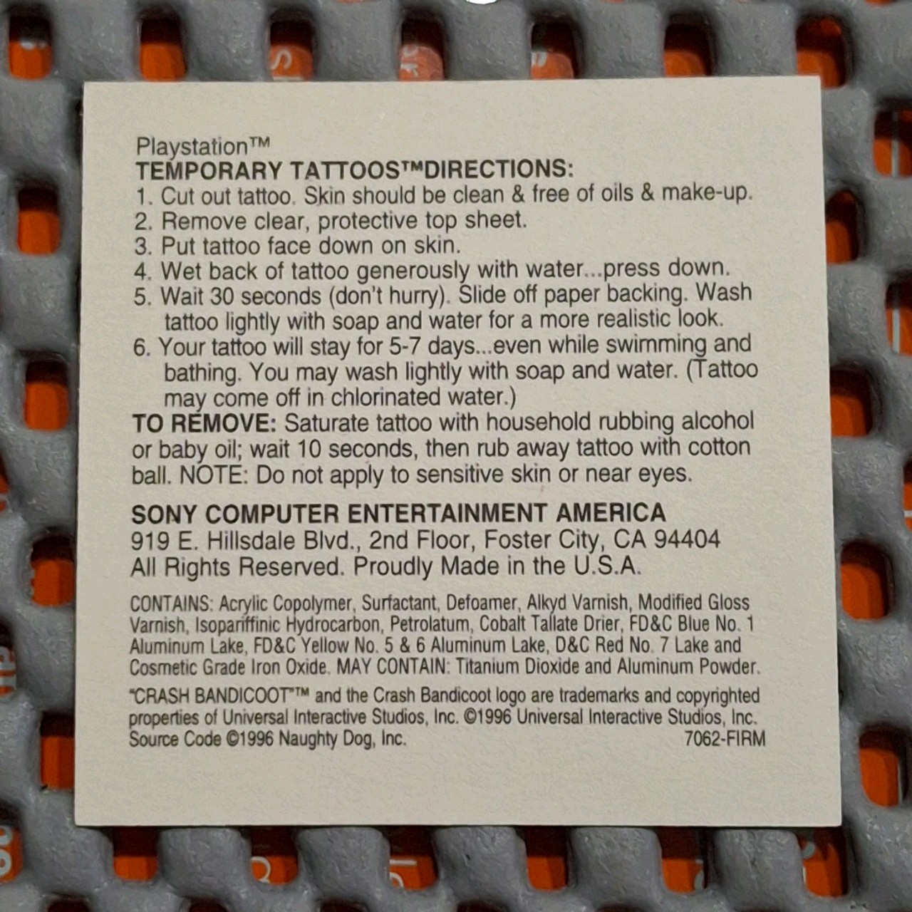 Vintage 1996 Crash Bandicoot Promo Tattoo – Naughty Dog PS1, SCEA Employee Owned