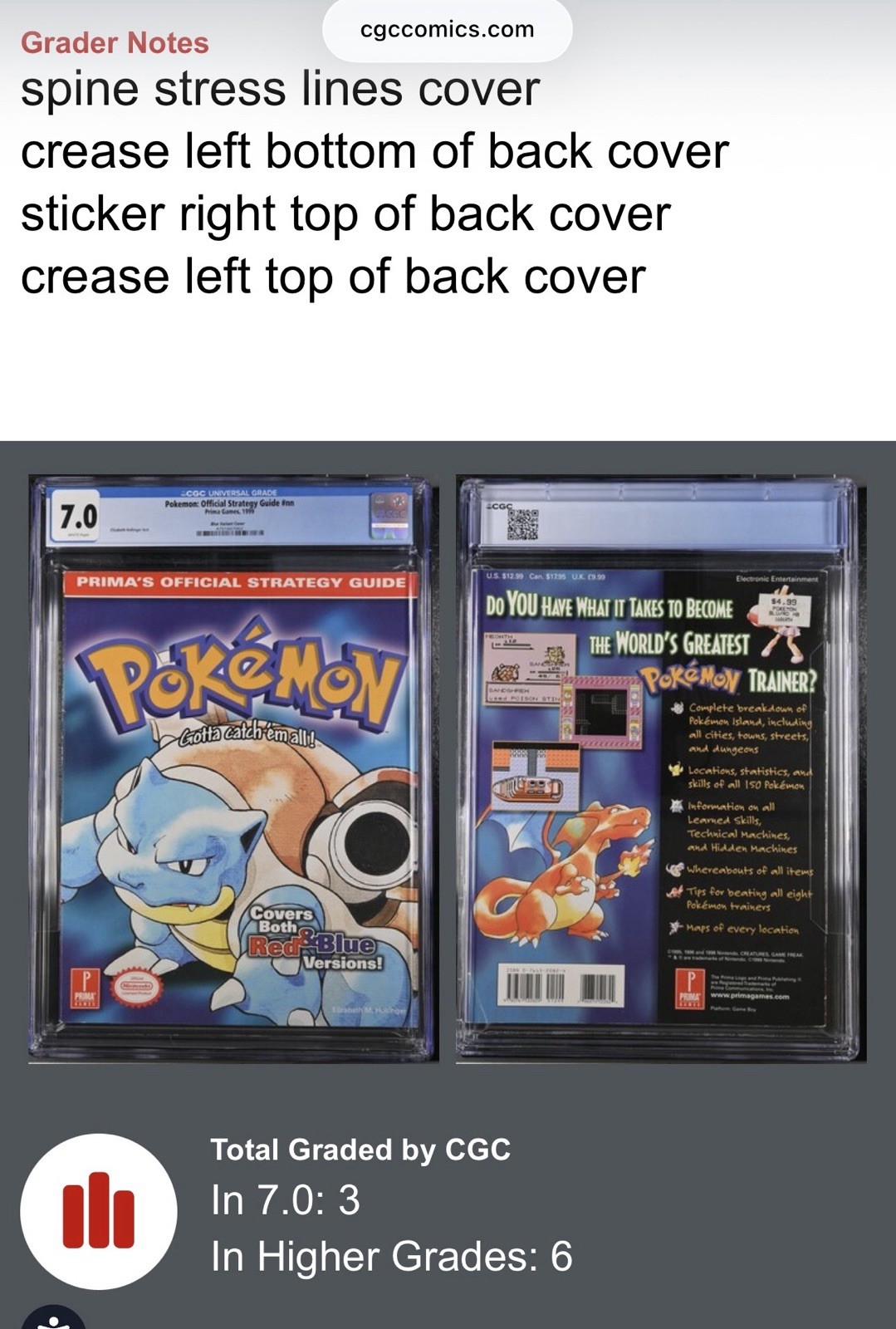 Pokemon Red & Blue: Prima Official Strategy Guide 1999 Blastoise CGC 7.0 Graded