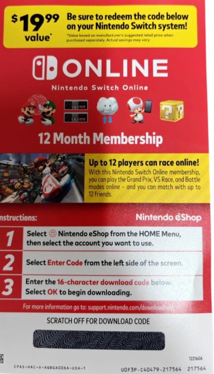 Nintendo Switch Online 12 Month Membership Subscription Pre-Paid Card USA VERSIO