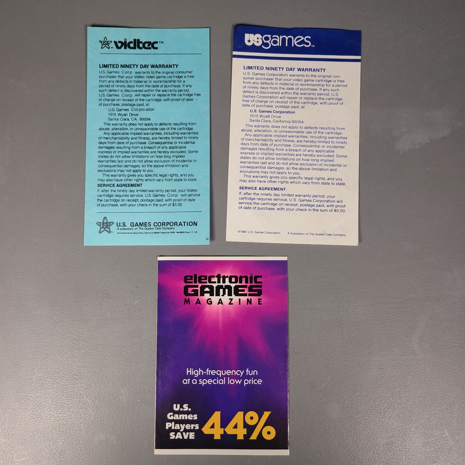 VTG Early 80s U.S. Games Vidtec Warranty Cards & Electronic Games Magazine Promo