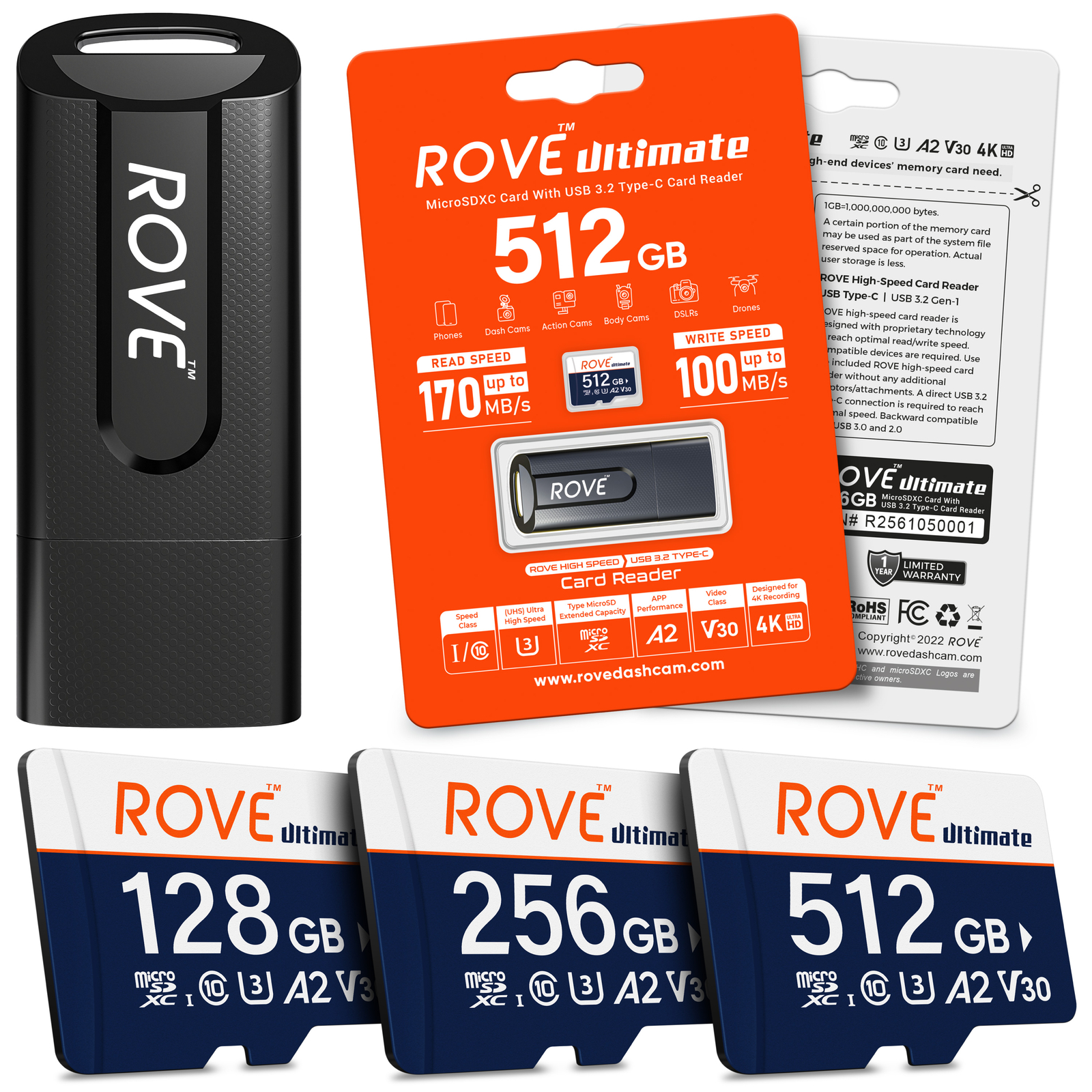 ROVE Micro SD Card for Dash Cam Memory Card 128, 256, 512 GB, with USB-C Reader