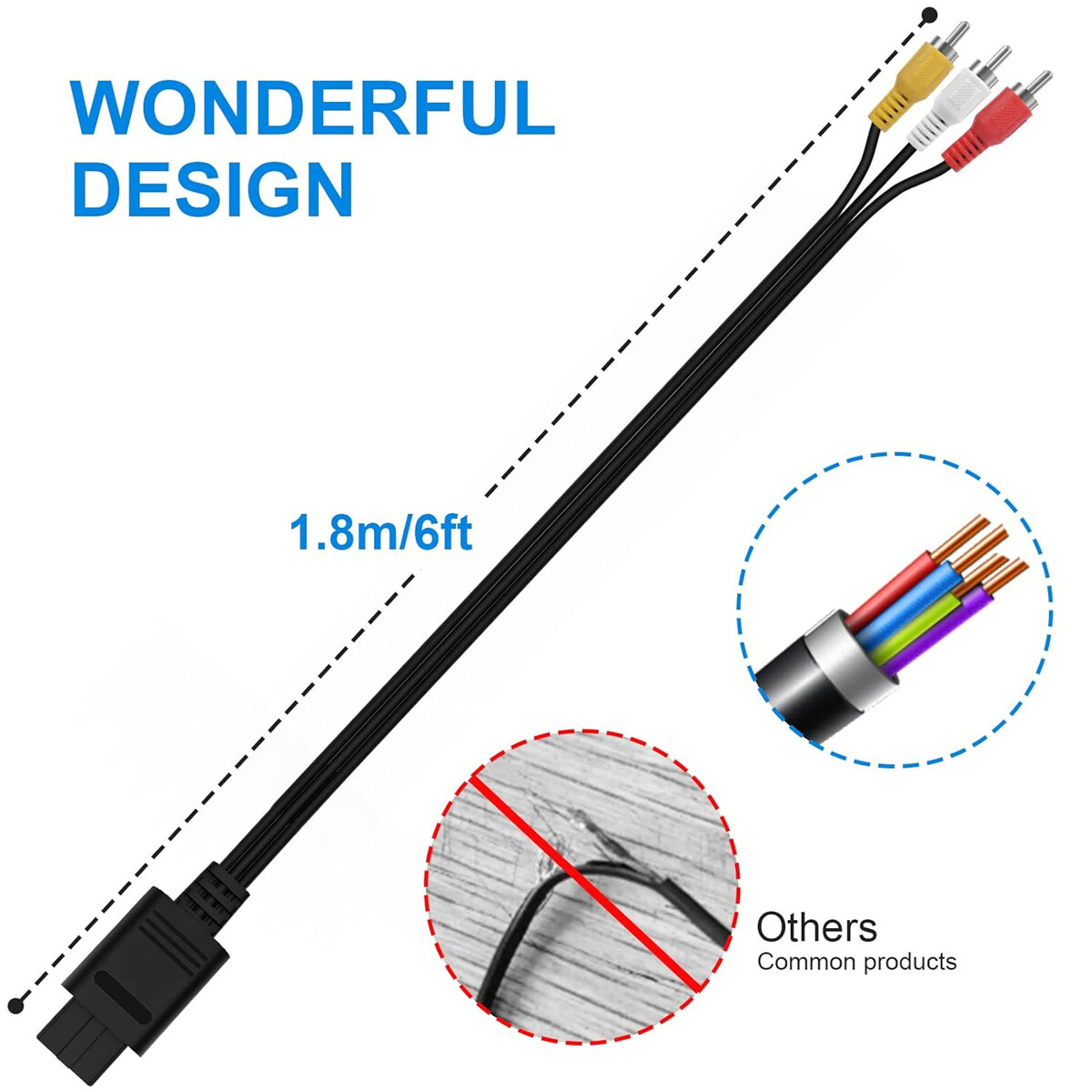 6 FT RCA TV AV Audio Video Stereo Cable Cord For Nintendo N64 SNES Gamecube Lot
