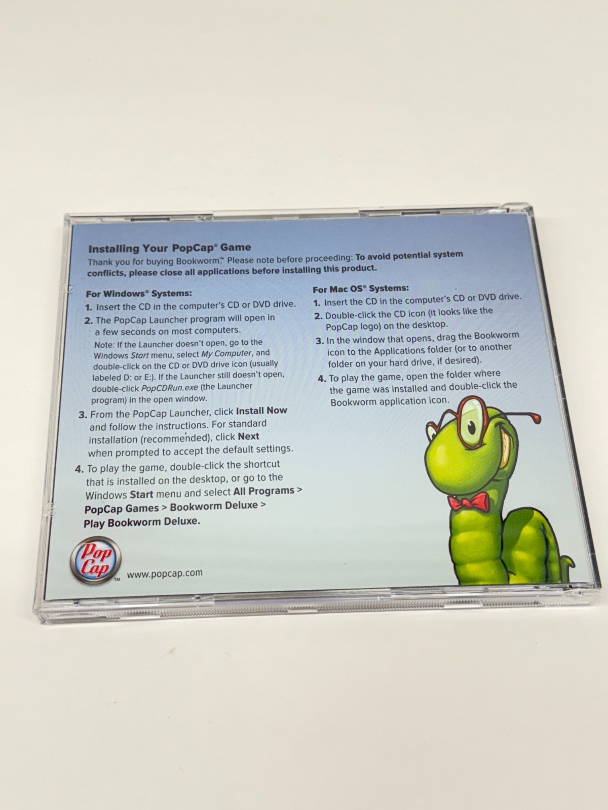 PopCap Bookworm PC Mac CD-ROM Word Puzzle Game Book Worm Pop Cap Spelling Game