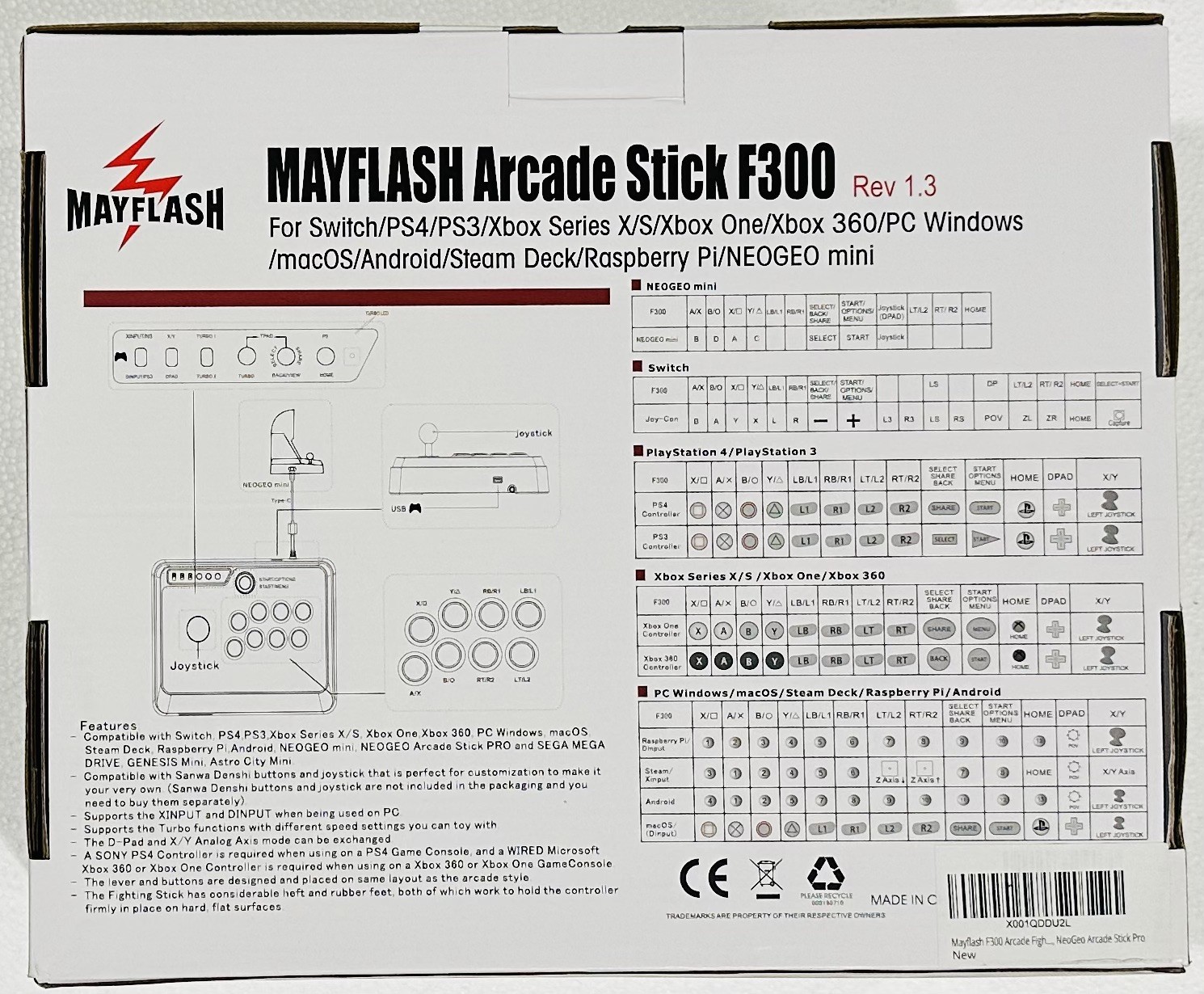 Mayflash F300 Arcade Fight Stick for Switch, Xbox Series X/S,PS4,PS3,Xbox One,PC