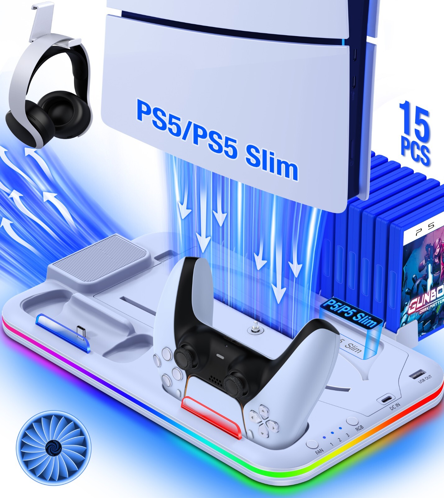 PS5 Slim Controller Charger Station Vertical Cooling Fan Stand For Playstation 5
