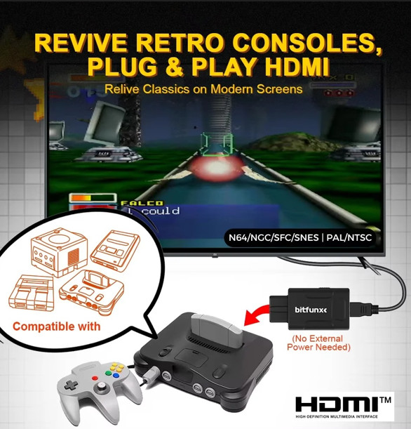 Bitfunx N64 HDMI Adapter 720P 1080P HD Converter Upscale N64 SNES SFC GameCube