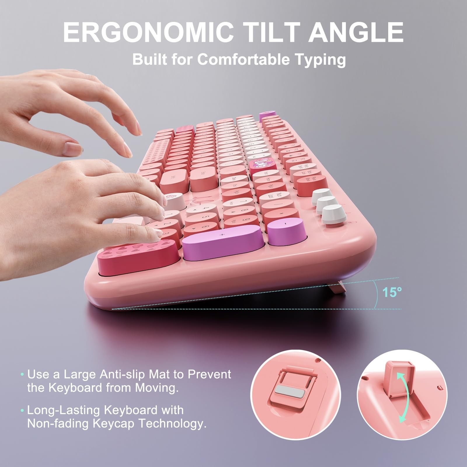 Wireless Keyboard and Mouse Combo, 104 Round Keys Full-Size Cute Colorful Pin…