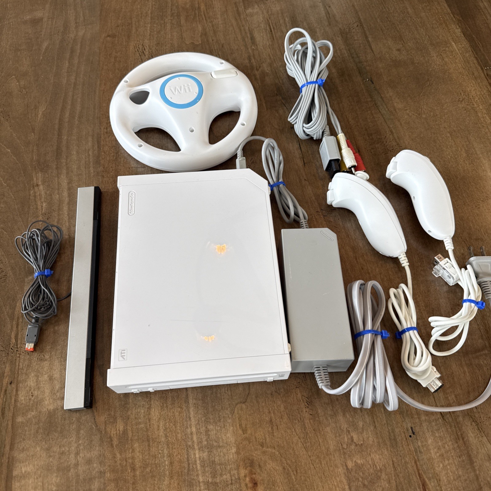 Nintendo Wii Console Bundle Original With 2 Nunchucks, cables, wheel Tested