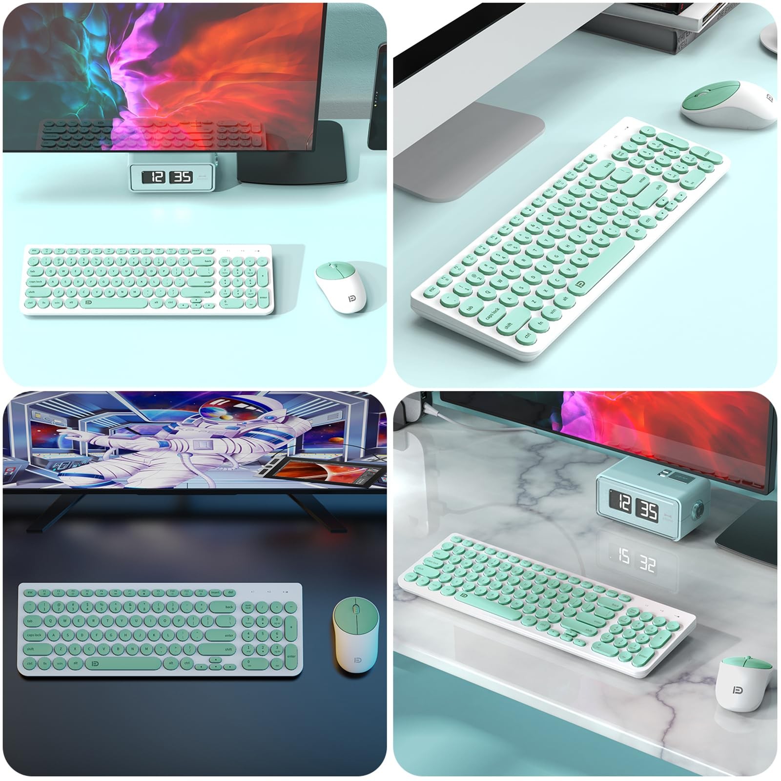 FD Wireless Keyboard and Mouse Combo – 2.4GHz USB IK6630 Mint Green & White