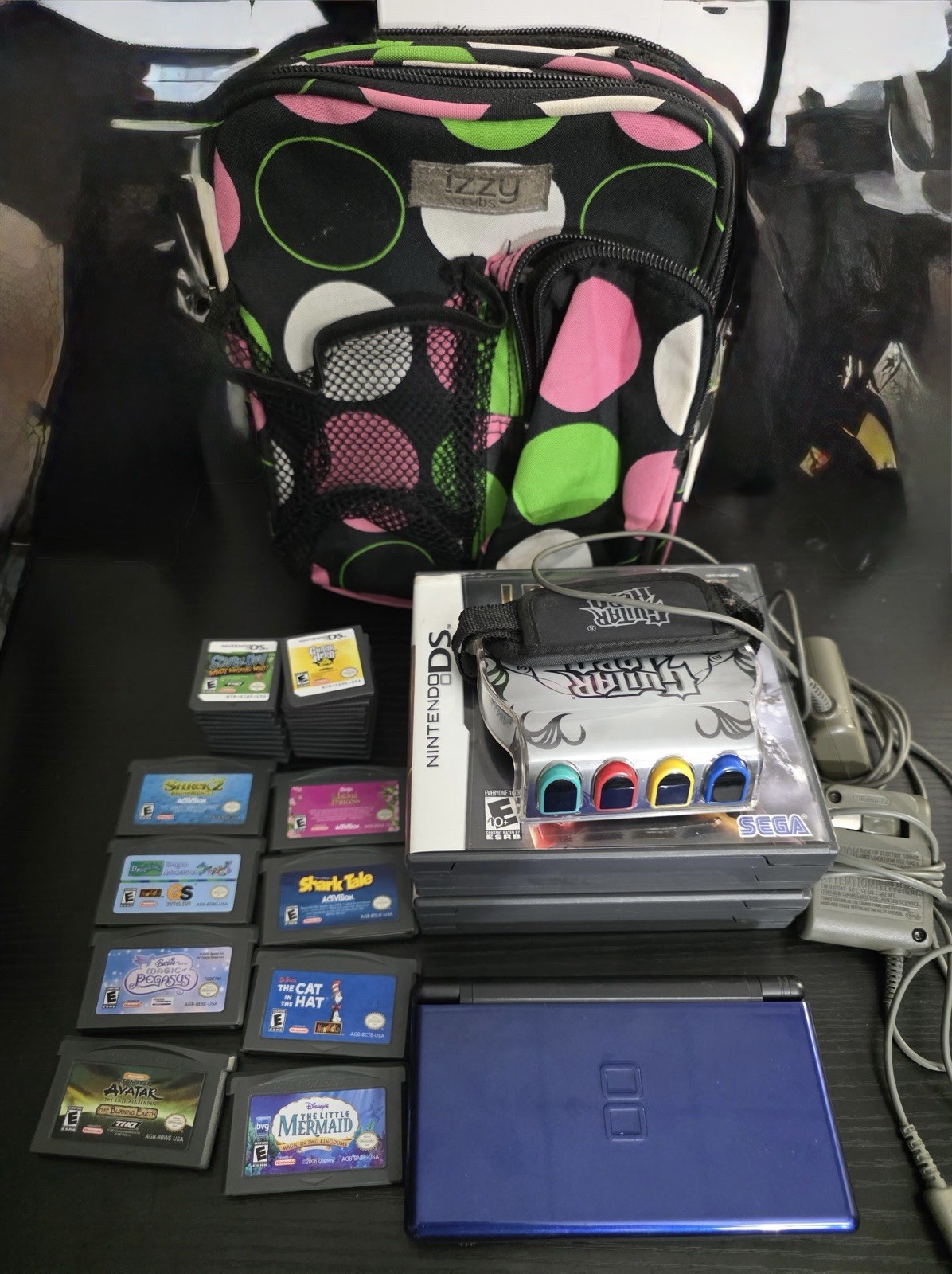 Nintendo DS Lite Bundle w/ Charger, Stylus, DS & GBA Games, Guitar Hero Grip