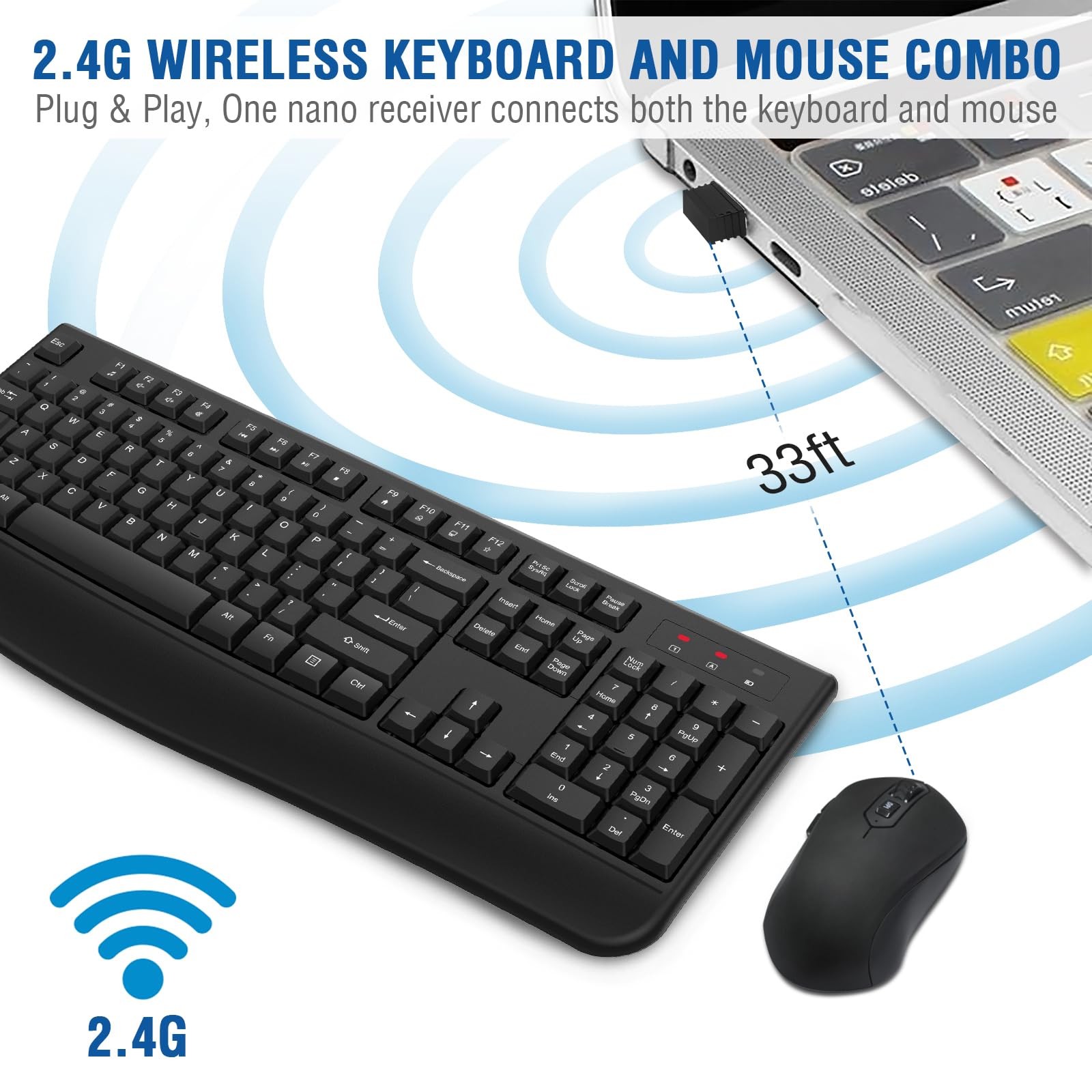 Wireless Keyboard and Mouse Combo, EDJO 2.4G Full-Sized Ergonomic Black
