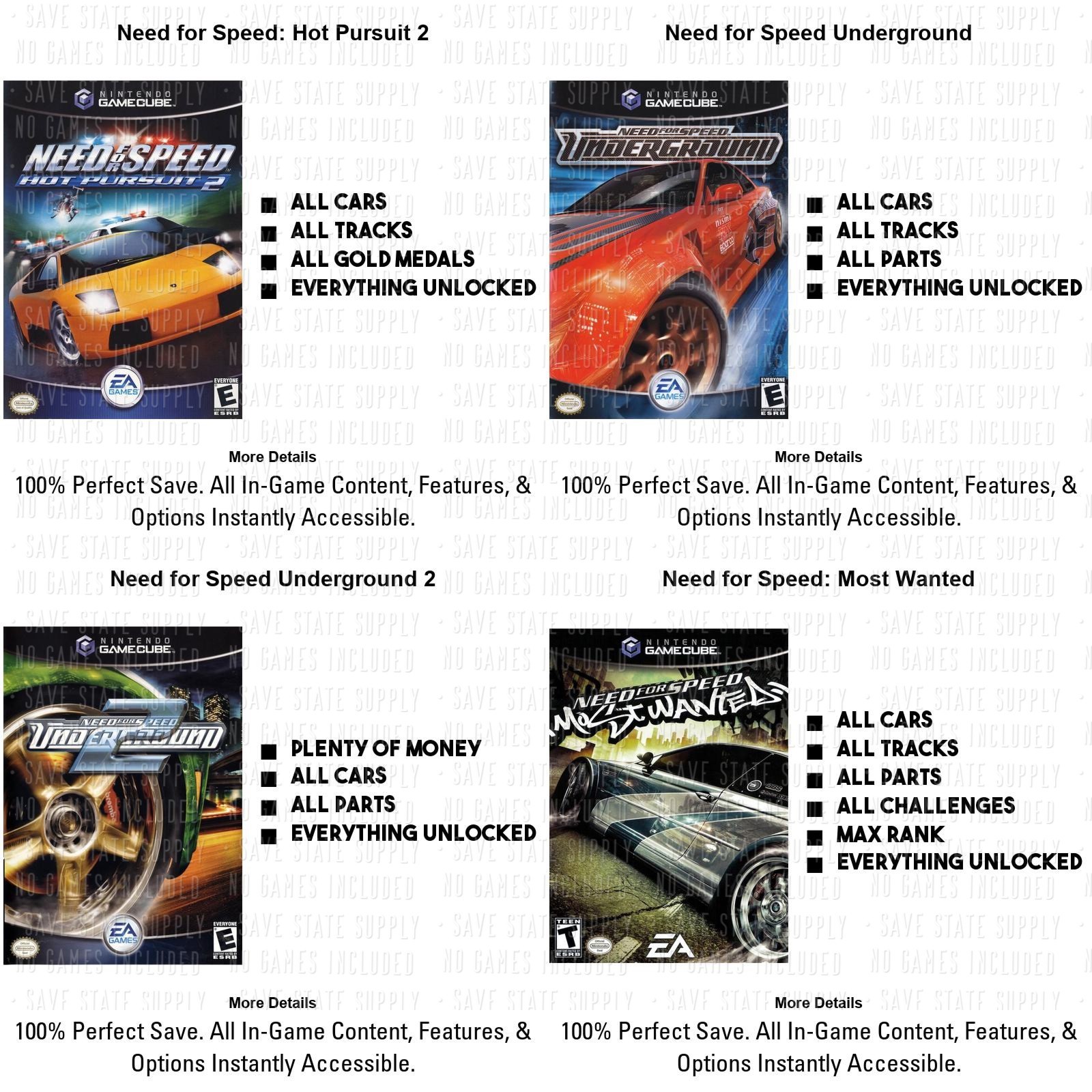 Need For Speed 100% Save Pack 8MB Gamecube GC Memory Card Unlocked Complete 2025