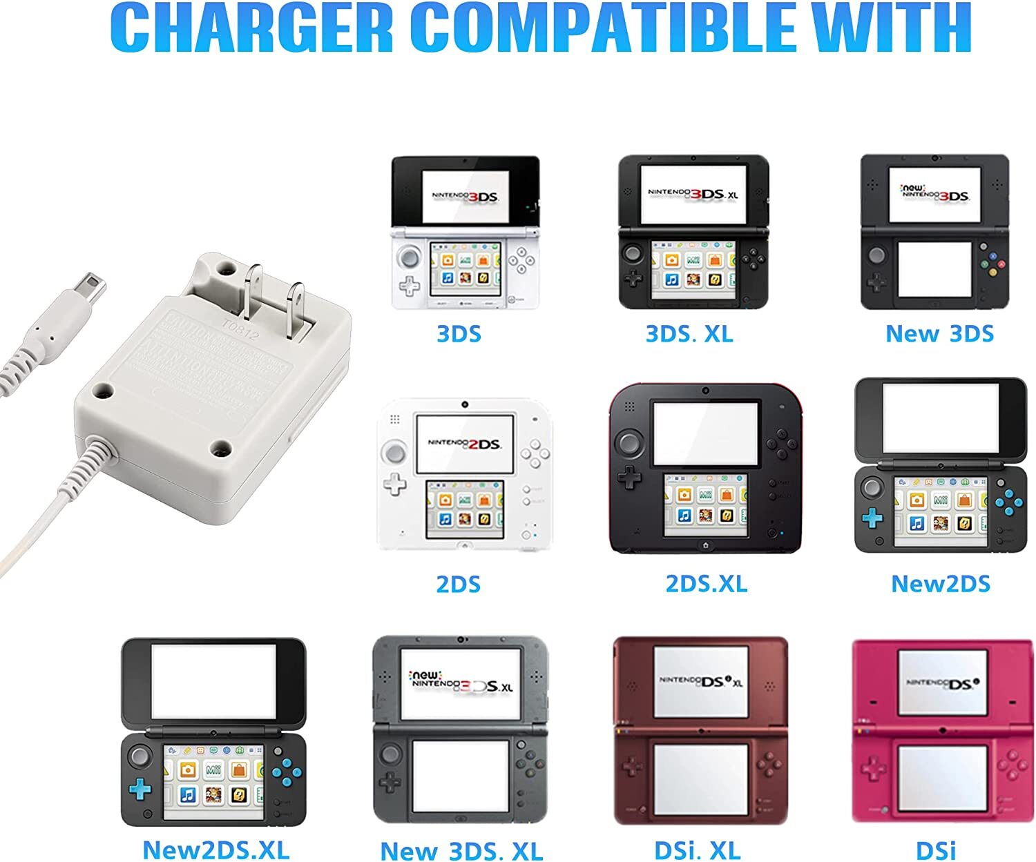 for Nintendo DSi XL 3DS XL 2DS AC Power Charger Cord 4.6V 900mA Gray 100-240V US